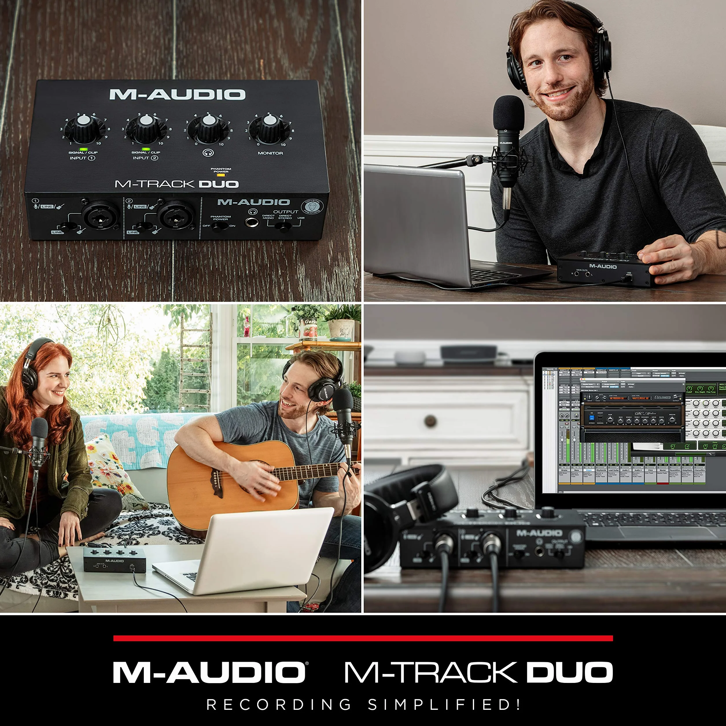 M-AUDIO M-Track Duo Interfaz Audio, Tarjeta de Sonido USB para Grabación, Transmisión, Podcasting con Entradas XLR, Línea y DI, Así Como un Paquete de Software
