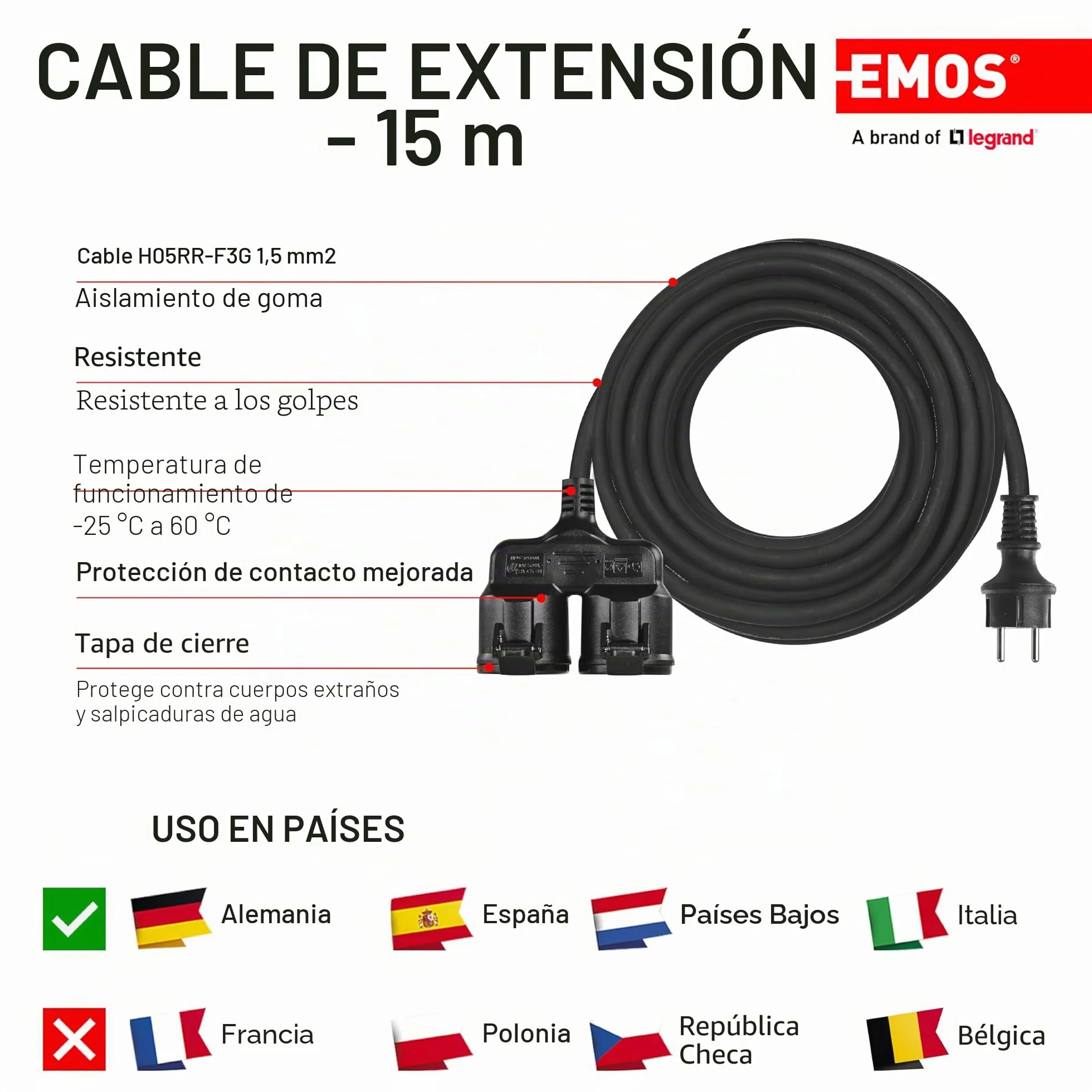 EMOS przedłużacz kabel IP44 15 m 230 V 16 A 3680 W H05RR-F3G 1.5 mm² czarny