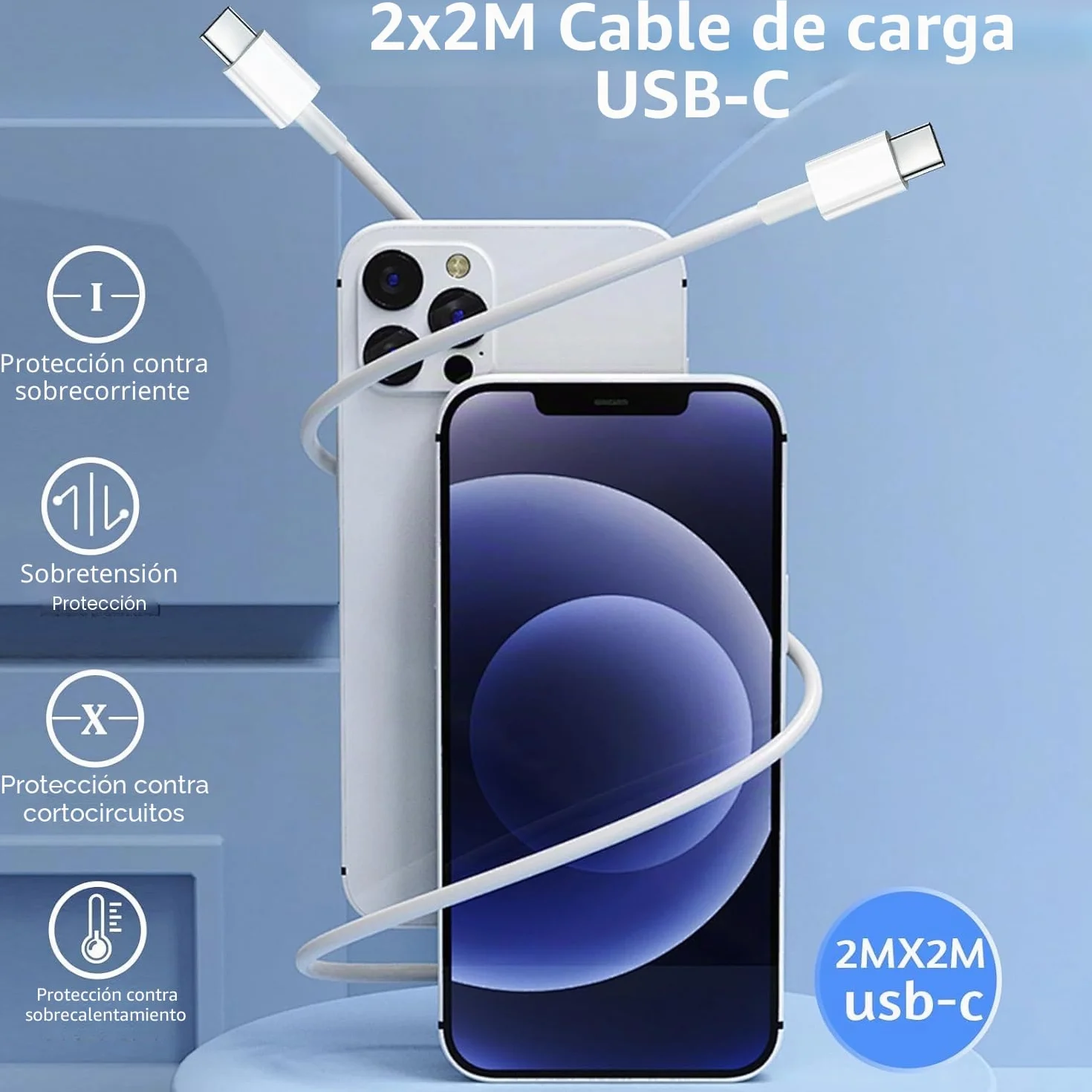 Cargador USB C 20 W 2 Paquetes Enchufe USB C Rápido Cable USBC 2x2m para iPhone 16 15 Pro MAX Samsung Galaxy iPad Huawei Xiaomi