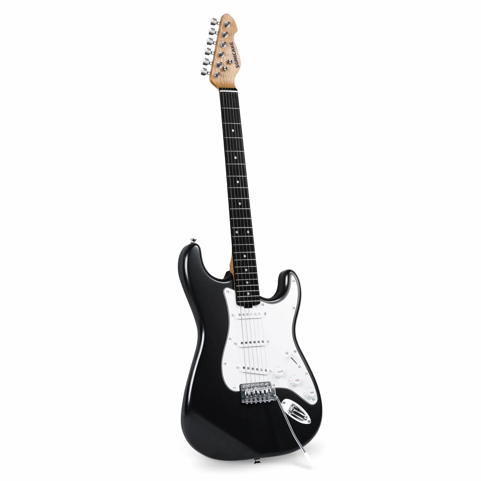 SONICAKE Guitarra Eléctrica de 39" Tamaño Completo con Pastillas Clásicas SSS, Cuerpo Ligero, Puente Tremolo, Trastes Redondeados y Alma Ajustable QGT-10 (Negro)