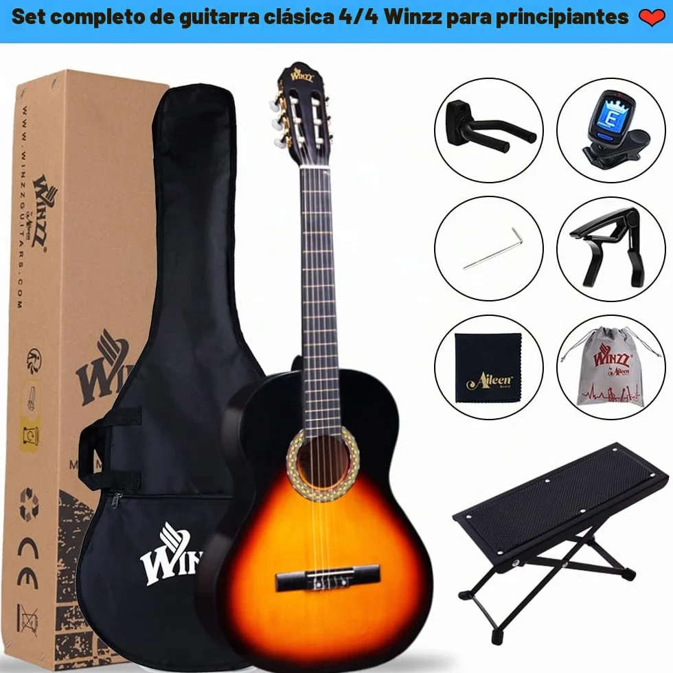 Winzz 4/4 Guitarra Clásica Set para Principiante - Kit de Guitarra Española de 39 Pulgadas con Cuerdas de Nylon para Adultos, Niños Más de 12 Años, Sunburst