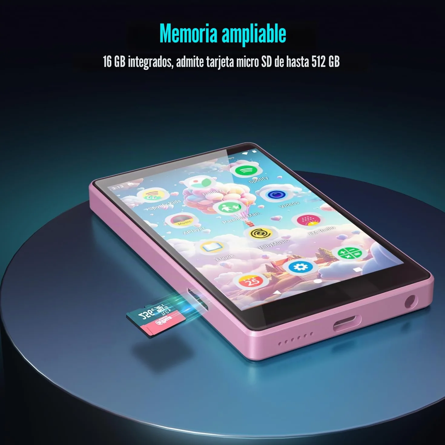 Reproductor de MP3 para niños con Spotify, controles parentales, Spotify Kids, Audible, Amazon Music, Libby, reproductor de música IPS de 4 pulgadas para niños de hasta 512 GB (rosa claro)