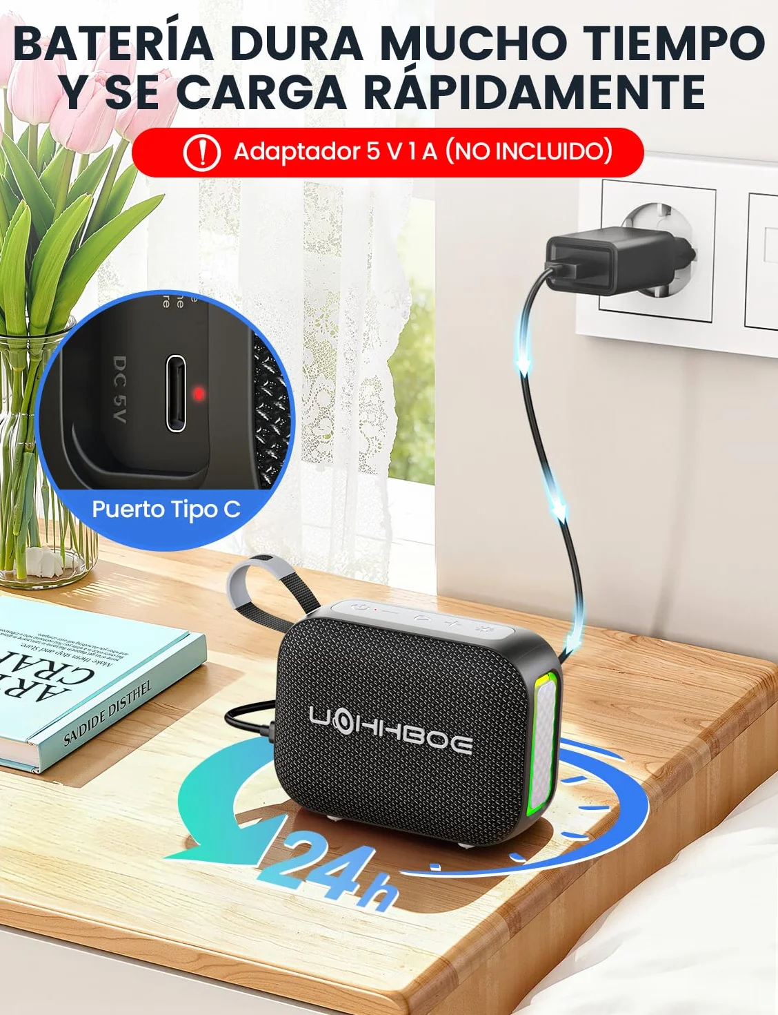 UOHHBOE Altavoz Bluetooth 6.0 20W Potente con Luz LED, TWS, IPX5 Impermeable, 24 Horas, Portátil