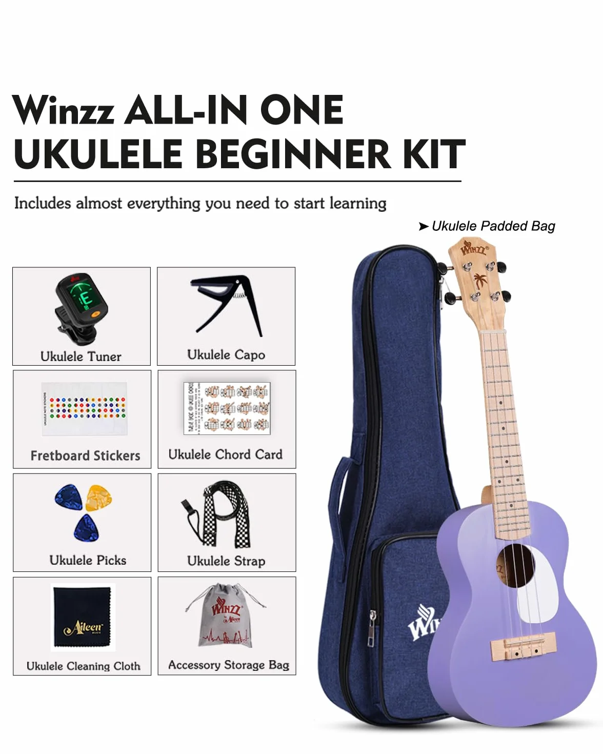 Winzz Ukelele Soprano Infantil, Ukelele Set para Niños y Adulto Principiante, con 9 Accesorios, 21 Pulgadas 4 Cuerdas (Color: Violeta, Madera)
