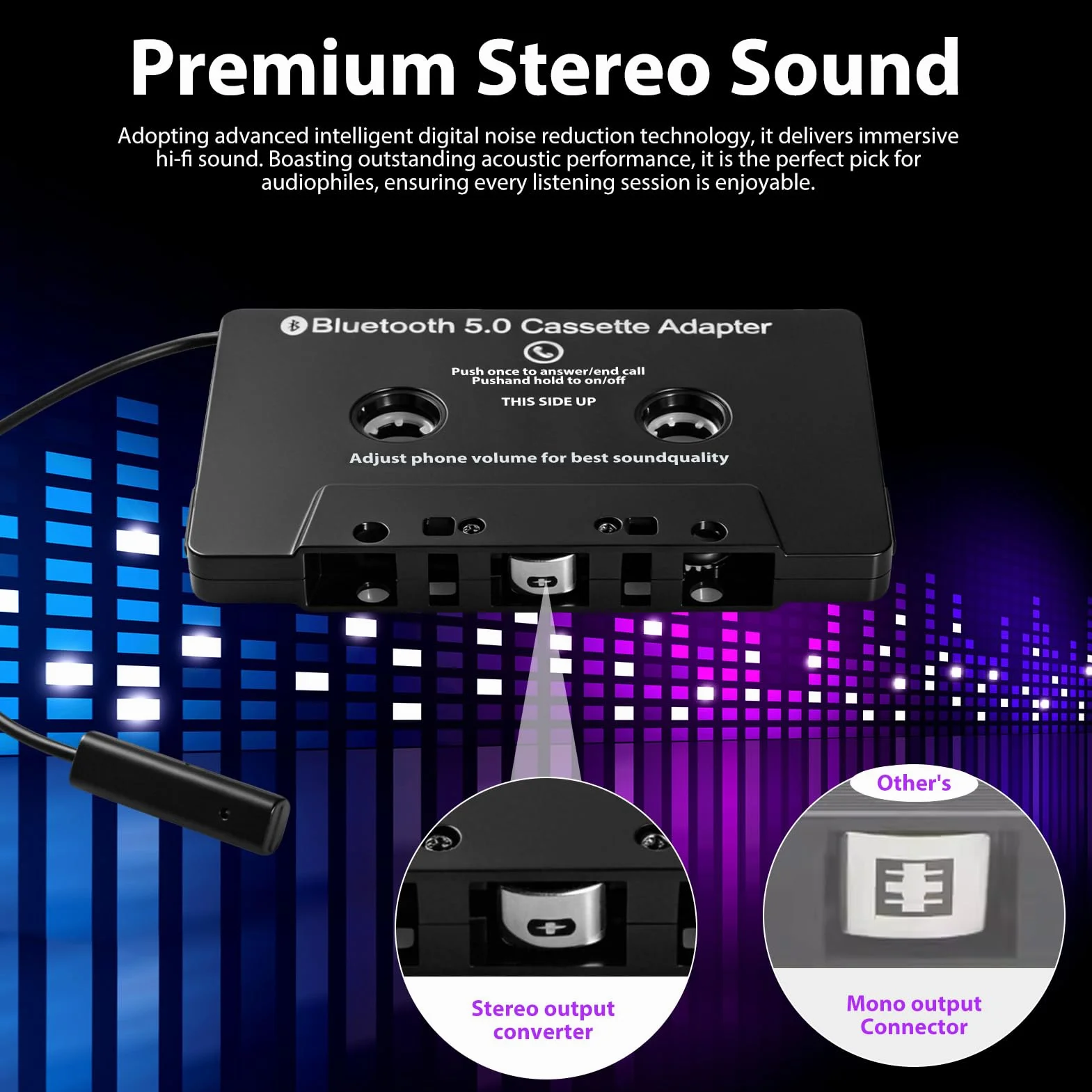 Cassette Bluetooth Coche 5.0 Adaptador de Audio Inalámbrico con Manos Libres Incorporado para Llamadas Claras Compatible con Smartphone Reproductor MP3 y Radio de Coche Clásico Negro