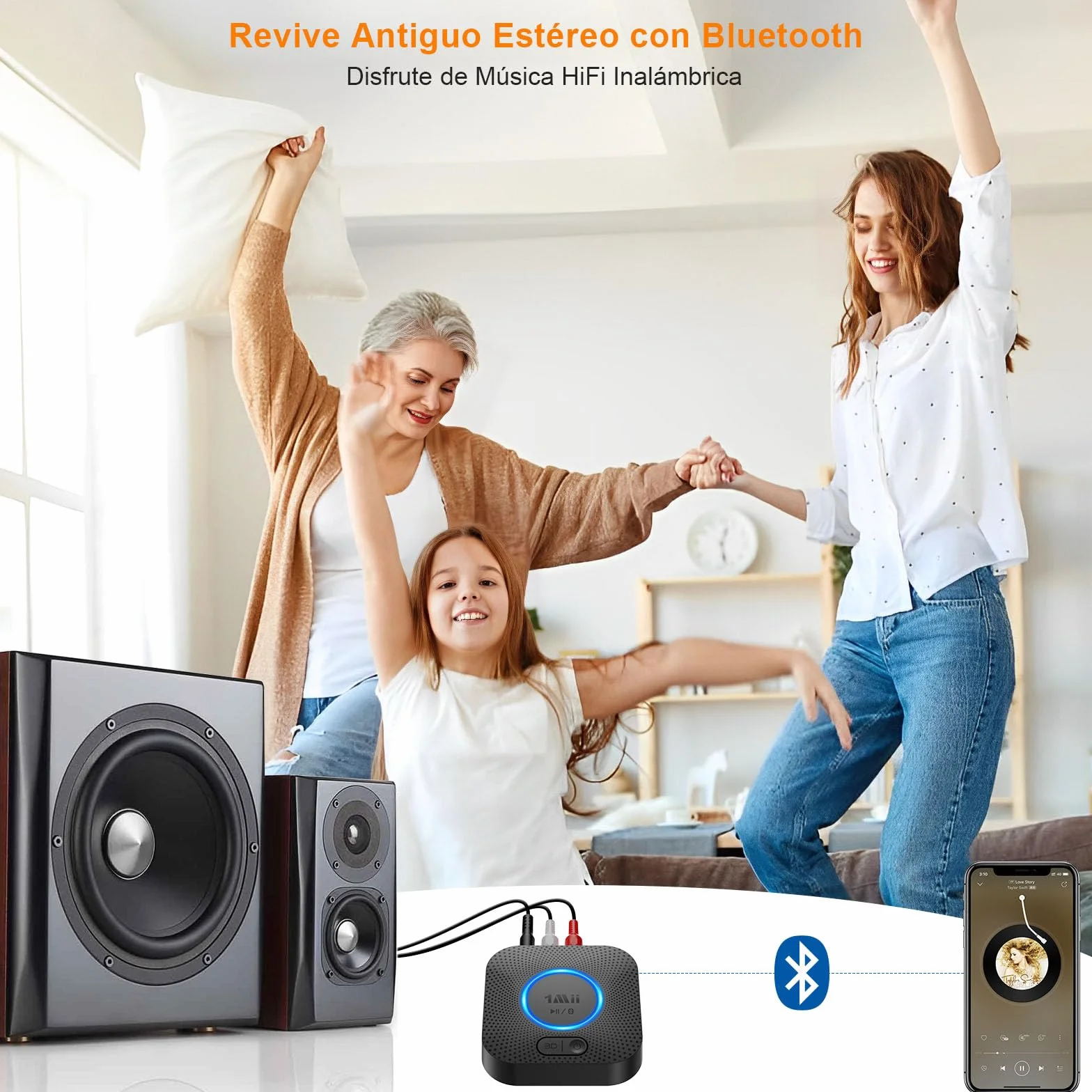 1Mii Bluetooth 5.3 Receptor Audio Adaptador Inalámbrico RCA/AUX 3.5mm Jack 3D Surround 50m