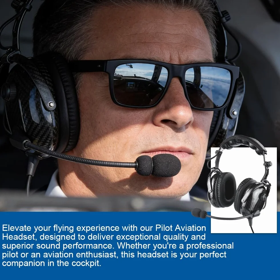Auriculares de aviación de fibra de carbono con reducción de ruido pasiva, compatibilidad mono y estéreo, micrófono con cancelación de ruido, entrada MP3, incluye bolsa para
