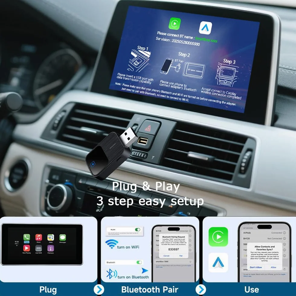 CarPlay Inalambrico para BMW X1 2018-2024, Adaptador 2 en 1 CarPlay con Conexion Automatica, Plug and Play Cable a Inalámbrico