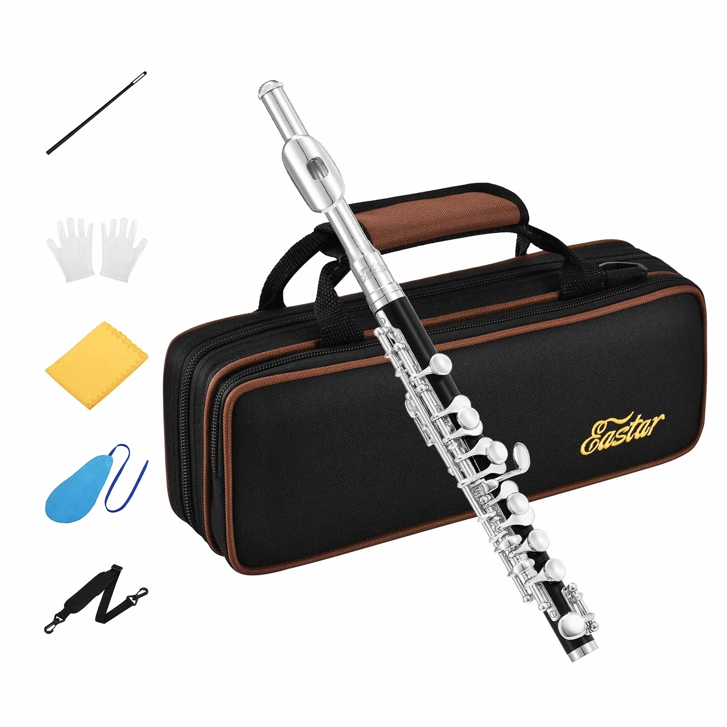 Eastar Piccolo para estudiantes principiantes, llave de flauta C, resina, con estuche duro, varilla de limpieza, paño, hisopo y guantes, 2 piezas, Piccolo chapado en plata, negro