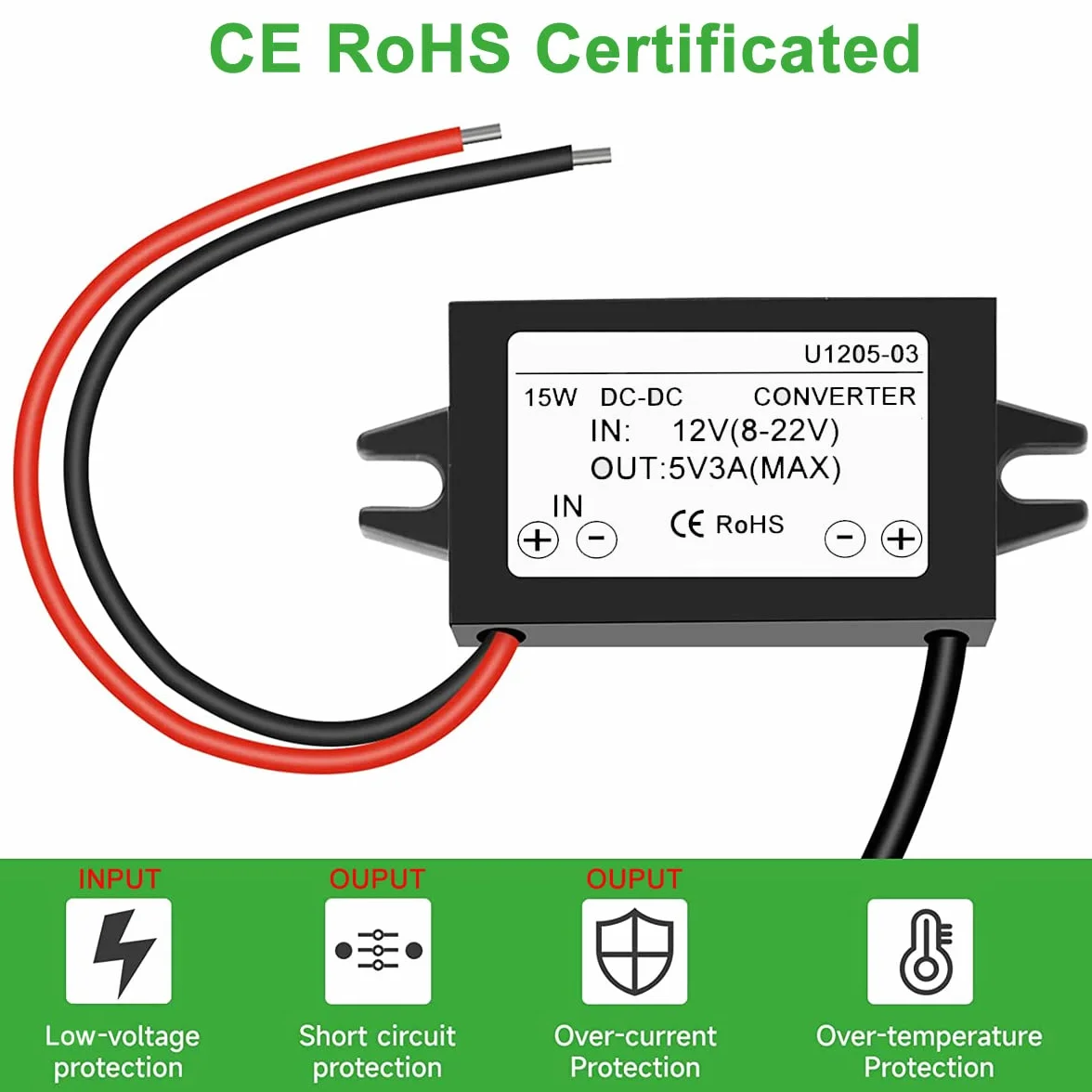 Greluma 1 Pieza Convertidor Impermeable de 12V a 5V 3A, Puertos duales USB/Micro USB DC-DC módulo Reductor Adaptador de Corriente Compatible con Raspberry Pi 4, teléfono móvil, Coche