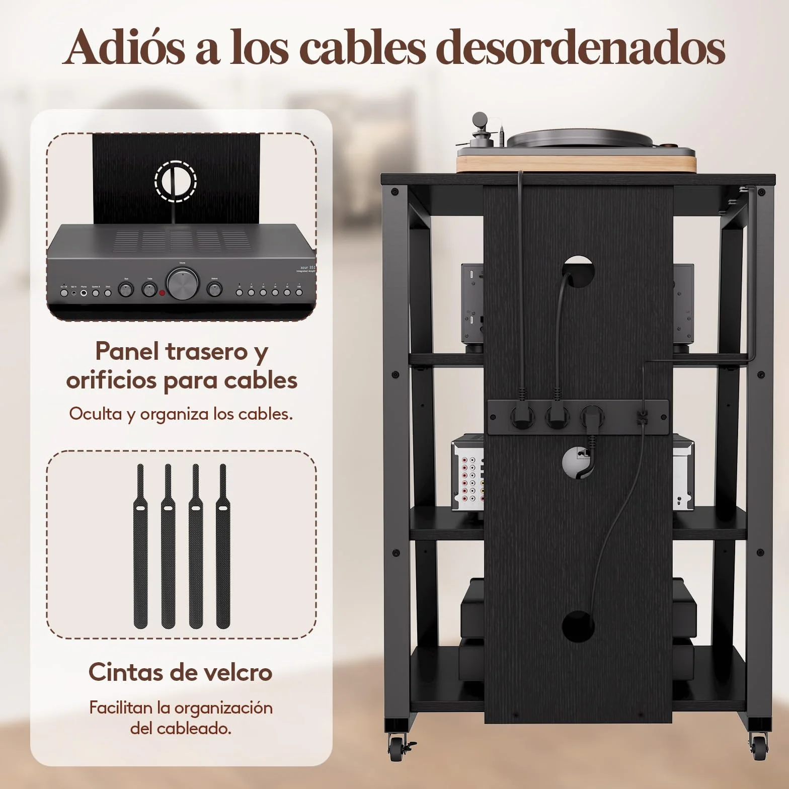 Lifewit 4 Estante Soporte Multimedia AV con Tomas de Corriente, Estantes Estéreo con Luces LED, Ruedas y Estantes Ajustables para Tocadiscos, Rolling Media Console, 60 x 55 x 90 cm, Negro