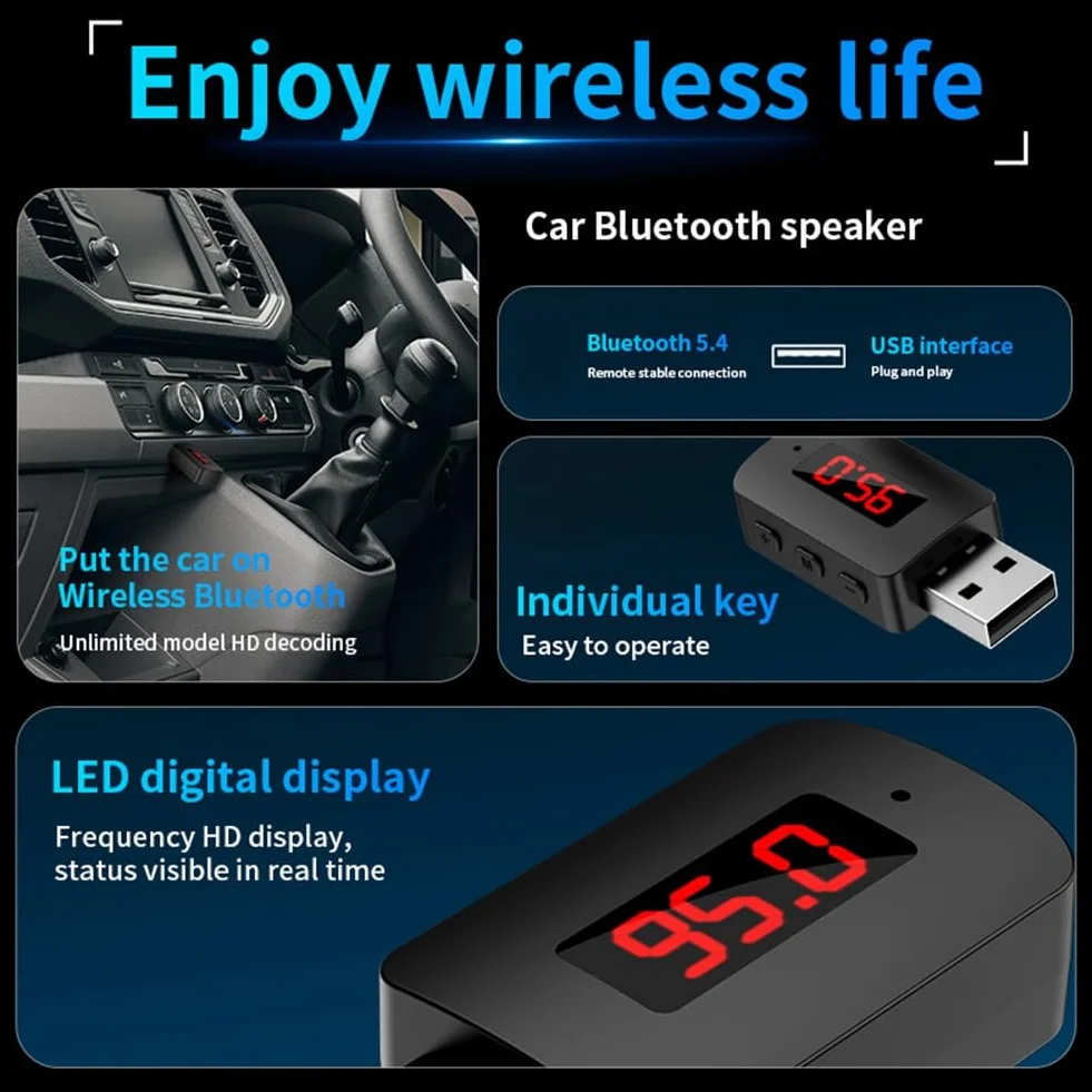 coche Bluetooth 5.4 adaptador FM USB transmisor receptor manos libres pantalla LED auto audio