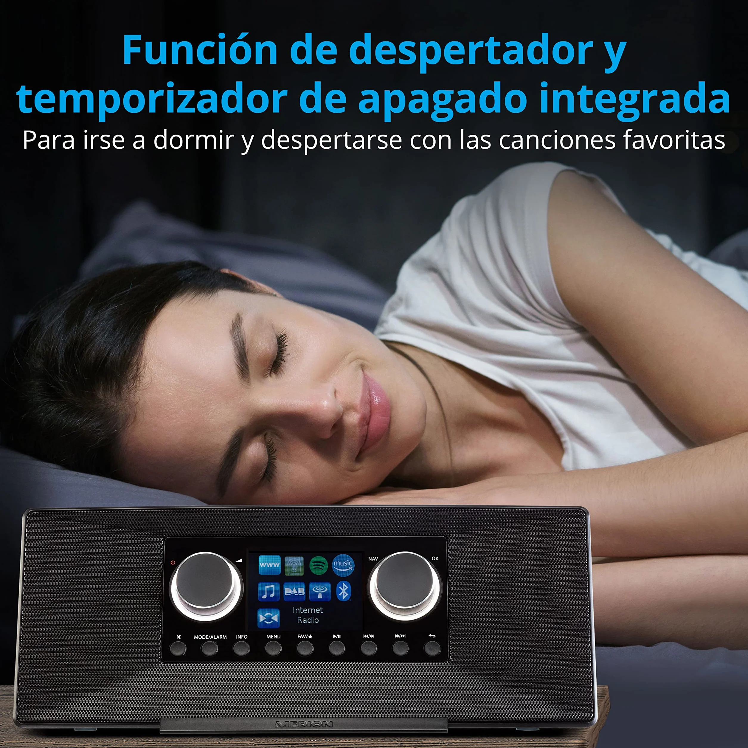 MEDION Radio por Internet P85289 con Dab+ (WiFi, FM, Spotify Connect, Amazon Music, DLNA, USB, conexión para Auriculares, AUX, LAN, Temporizador de desconexión) Negro