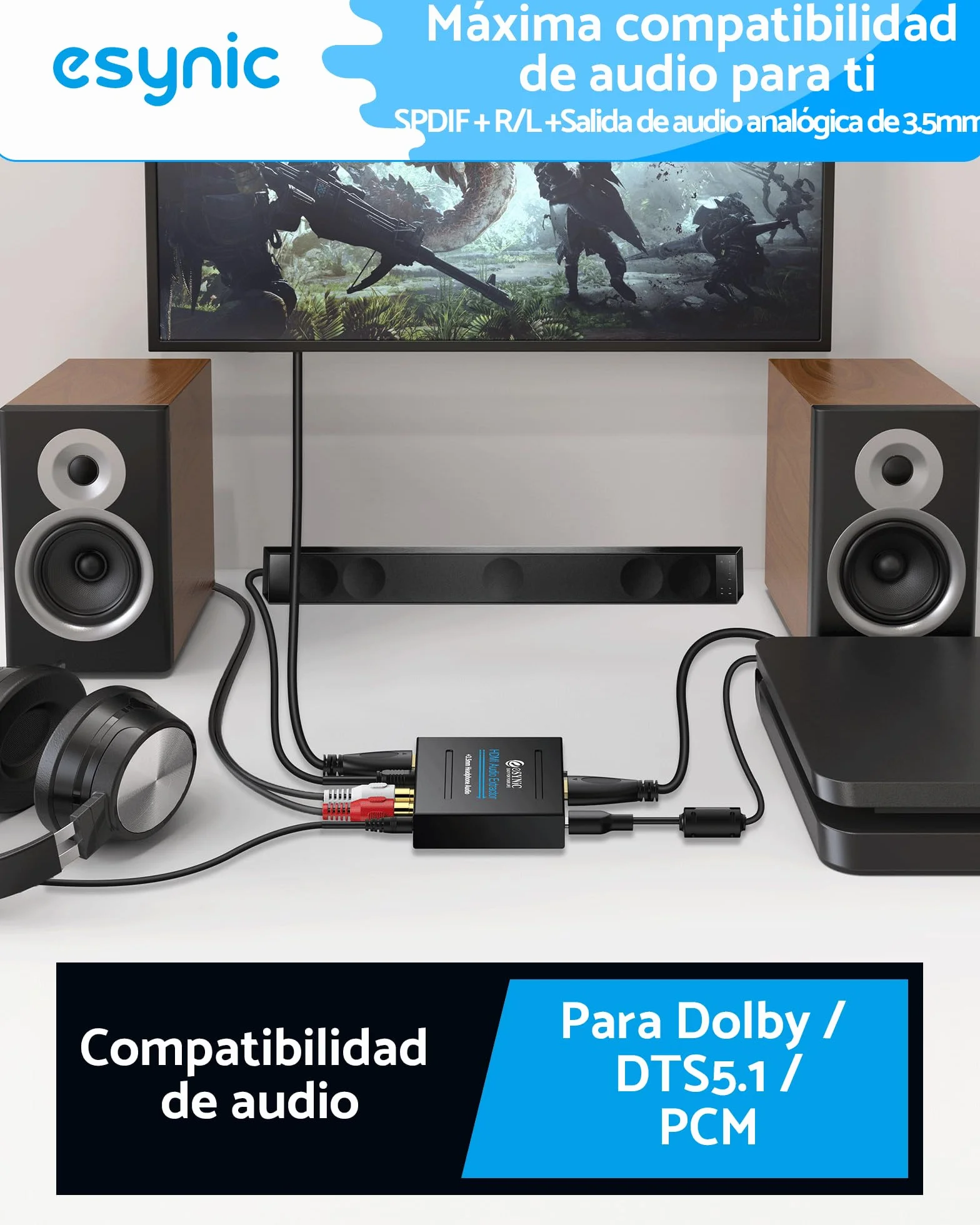ESYNiC Convertidor HDMI a HDMI Audio SPDIF Óptico RCA Toslink Adaptador Splitter de Video HDMI - DAC HD Digital a Audio Estéreo Estractor para Apple TV Blu-Ray DVD Player Xbox One SKY HD box PS3 PS4