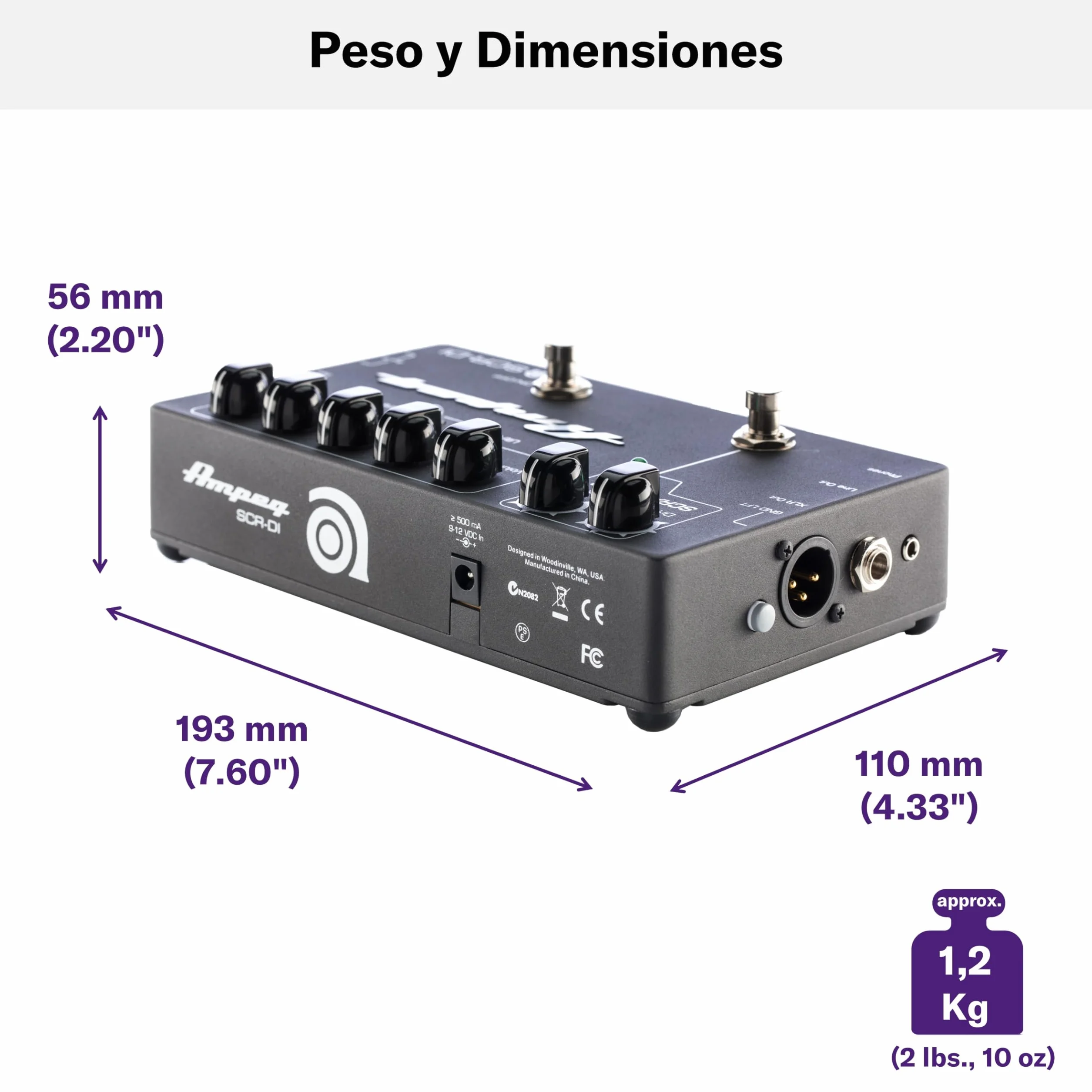AMPEG SCR-DI Preamplificador de Bajo – Pedal de previo combinado circuito con Scrambler Overdrive, filtros Ultra-Hi/Ultra-Lo, salida XLR balanceada y chasis metálico – Negro