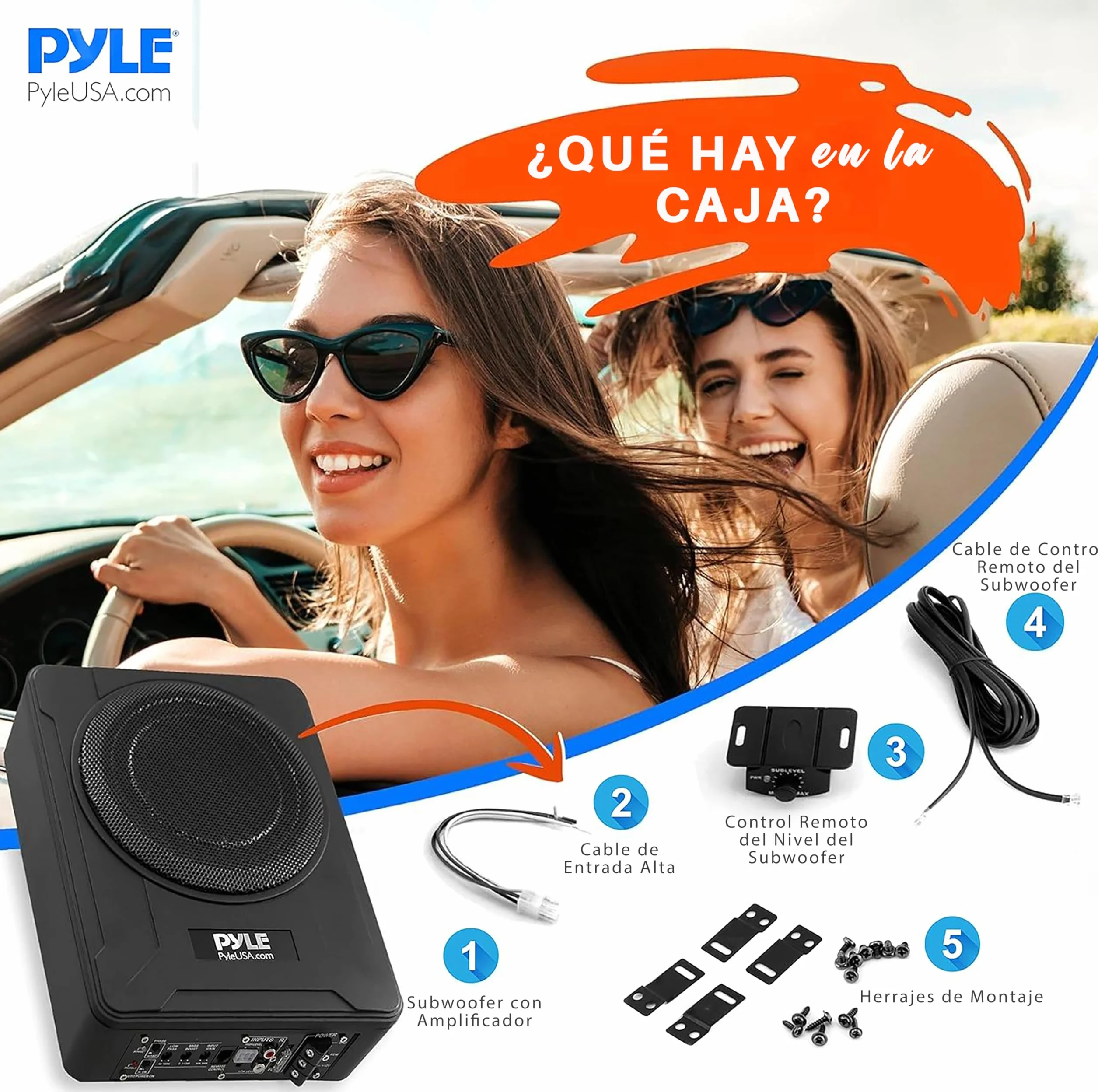 Pyle Sistema de subwoofer Amplificado de Perfil, Audio para Coche, Bajo de 8”, Activo, Cerrado, Compacto, 600V, Amplificador Incorporado