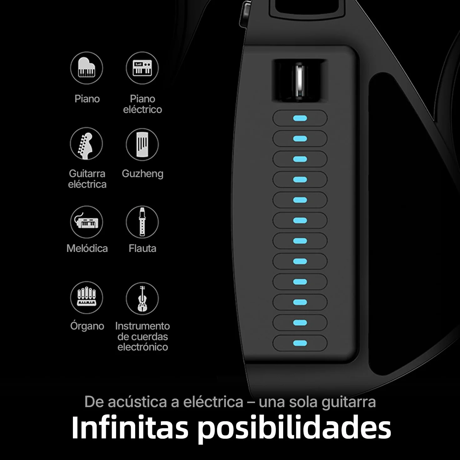Enya CYBER-G Guitarra Smart Innovadora – Sin Cuerdas Guitarra Travel Guitar portátil & Silent E-Guitar con teclas LED, Drum & Bass, cientos de sonidos, altavoz incorporado para aprendizaje rápido