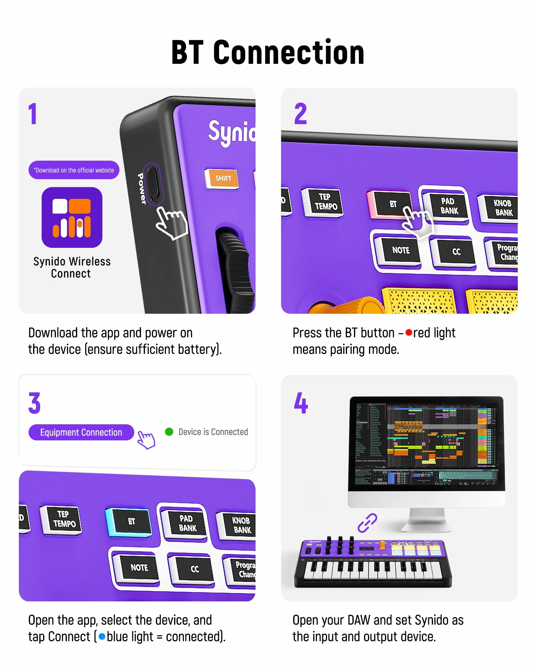 Synido TempoKEY W25 - Teclado controlador USB C MIDI de 25 teclas, conexión inalámbrica recargable con 8 almohadillas RGB de velocidad, pantalla OLED, entrada/salida/pasante, teclado MIDI profesional