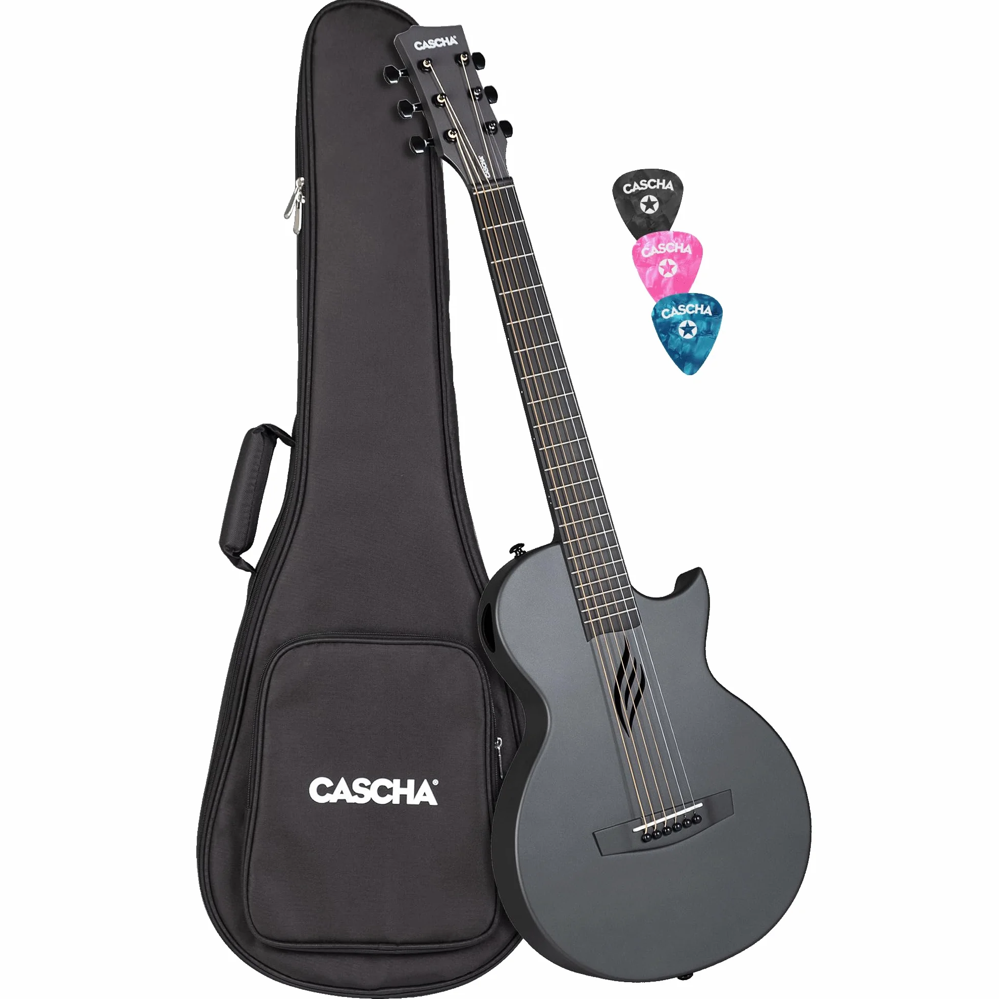 Cascha Guitarra acústica de fibra de carbono para principiantes, guitarra acústica para adultos, incluye funda, correa, paño de limpieza, púas y cuerdas de repuesto