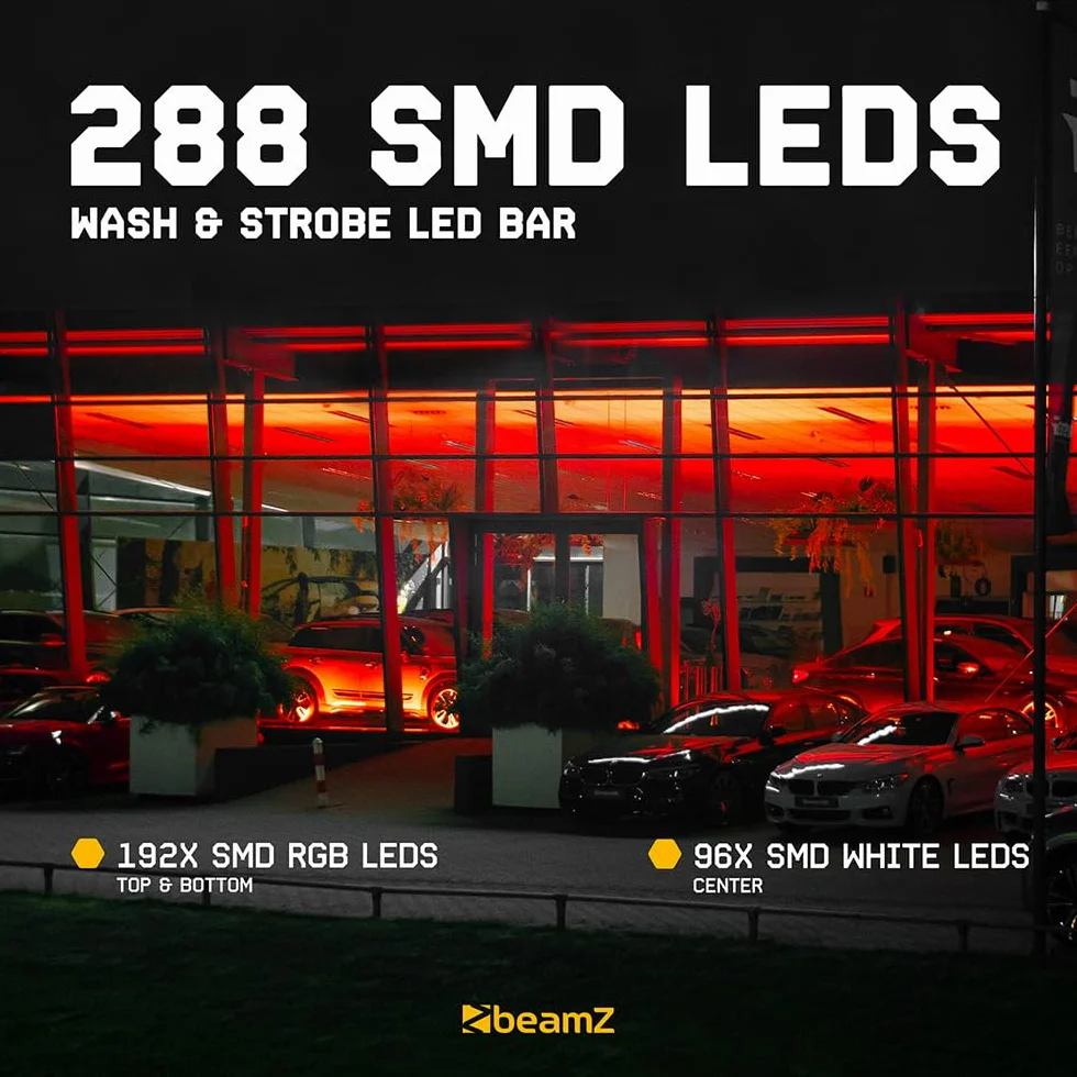 BeamZ LCB288 - Barra LED RGB+Blanco con 288 LEDs SMD, efectos wash y estrobo, control DMX, maestro/esclavo, secciones 3x16, iluminación profesional para DJ, fiestas, escenarios y discotecas