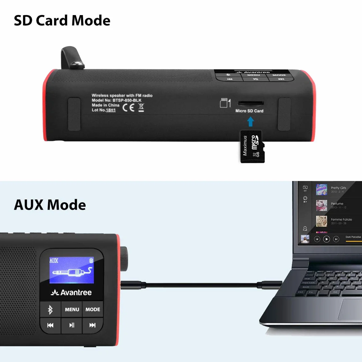 Avantree SP850-3 Radio FM Portátil Pequeña con Altavoz Bluetooth Reproductor SD MP3 Pantalla LED Recargable