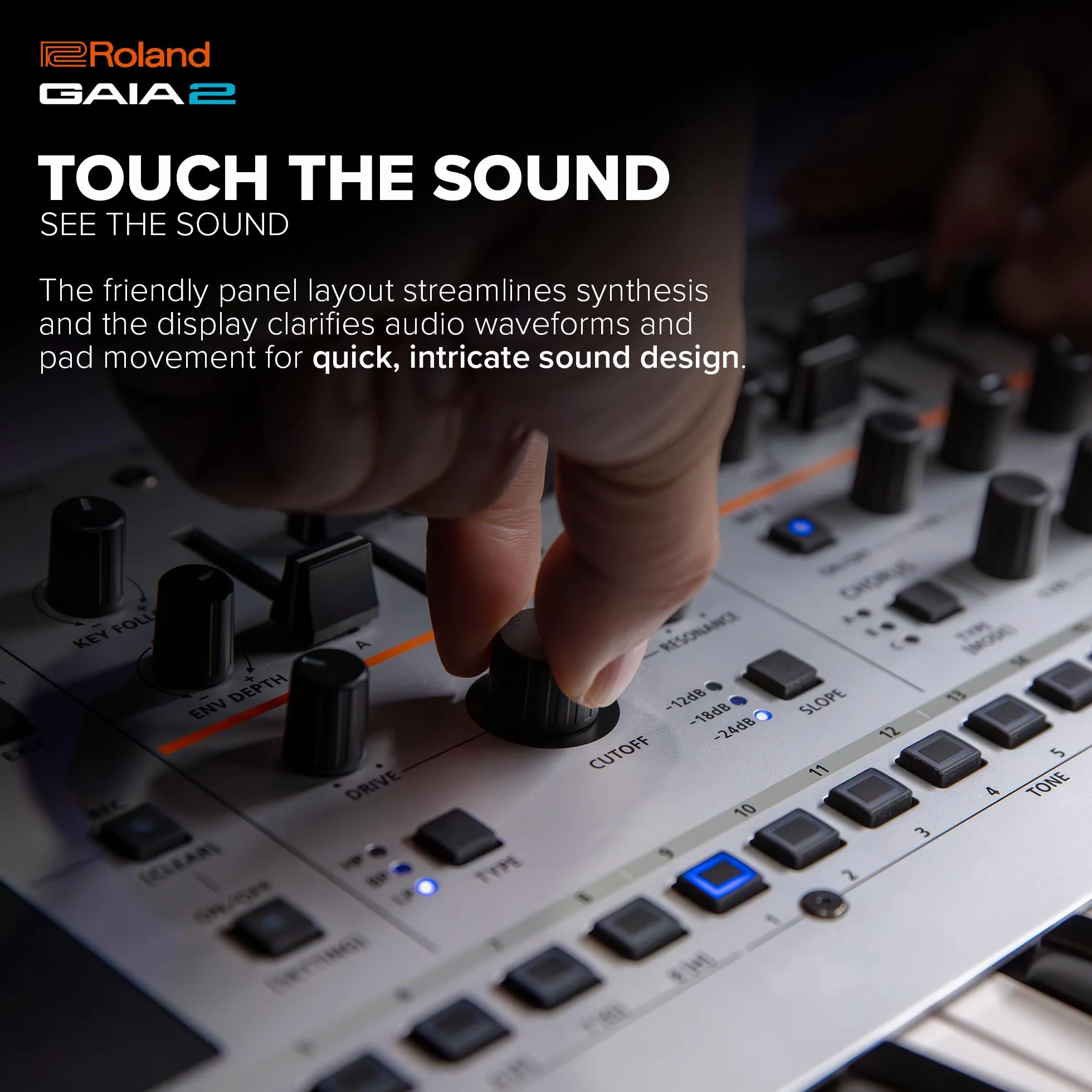 Sintetizador Roland GAIA 2 con prestaciones sonoras avanzadas | Generador de sonido híbrido que combina síntesis de tabla de ondas y virtual analógica | Motional Pad integrado