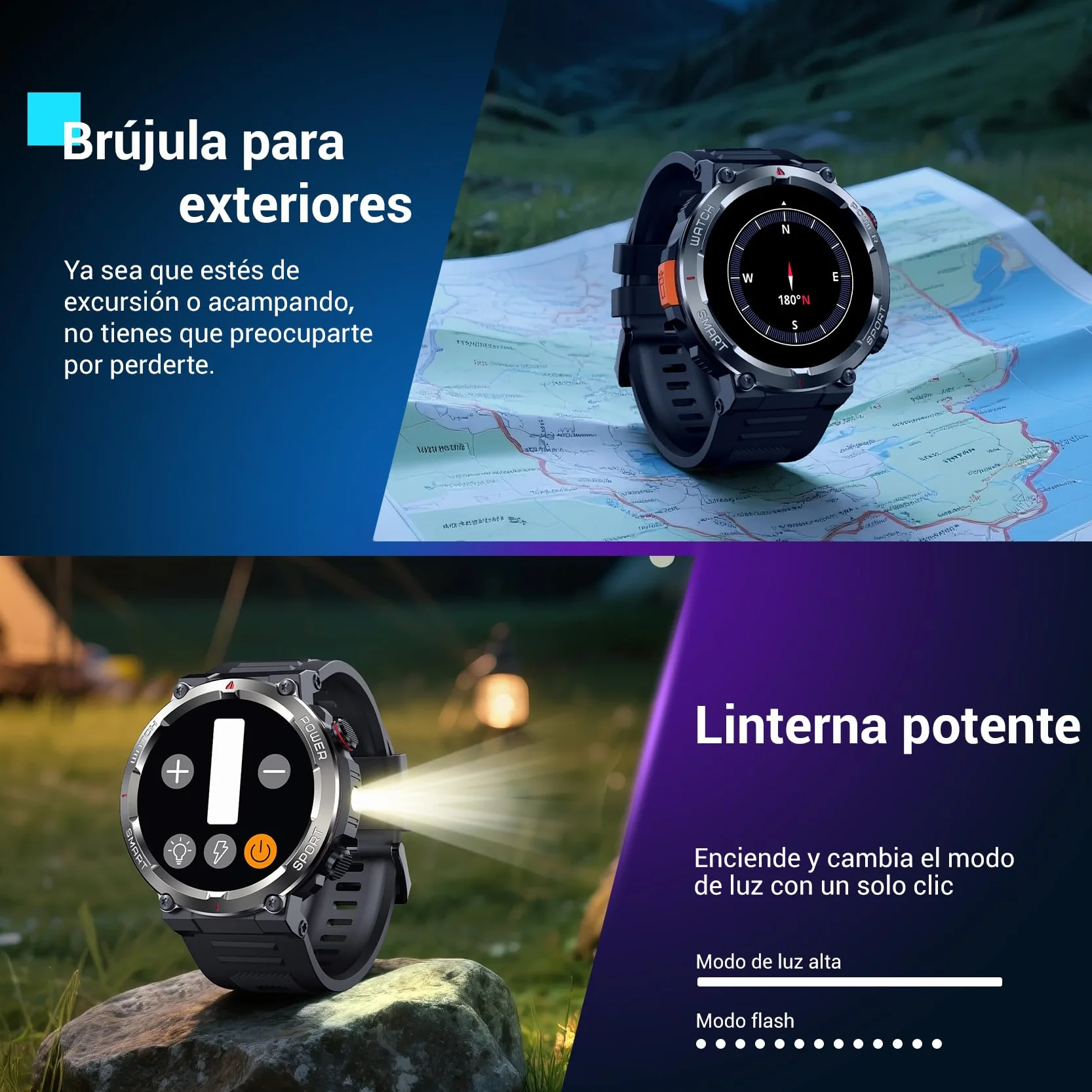 Blackview Reloj Inteligente Hombre - Linterna y Brújula, 1,45" Militar Smartwatch Hombre- Llamadas Bluetooth, Pulsómetro, Oxímetro, Monitor de Sueño, Pulsera Actividad 100+ Modos Deportivos, Podómetro