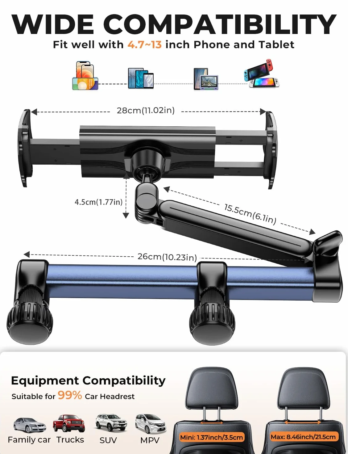 TRYONE Soporte Tablet Coche Reposacabezas 46CM Brazo Largo 3 en 1 Porta Accesorios para iPad Pro Sumsung Tab eReader Switch Móviles 4,7-13 Pulgadas