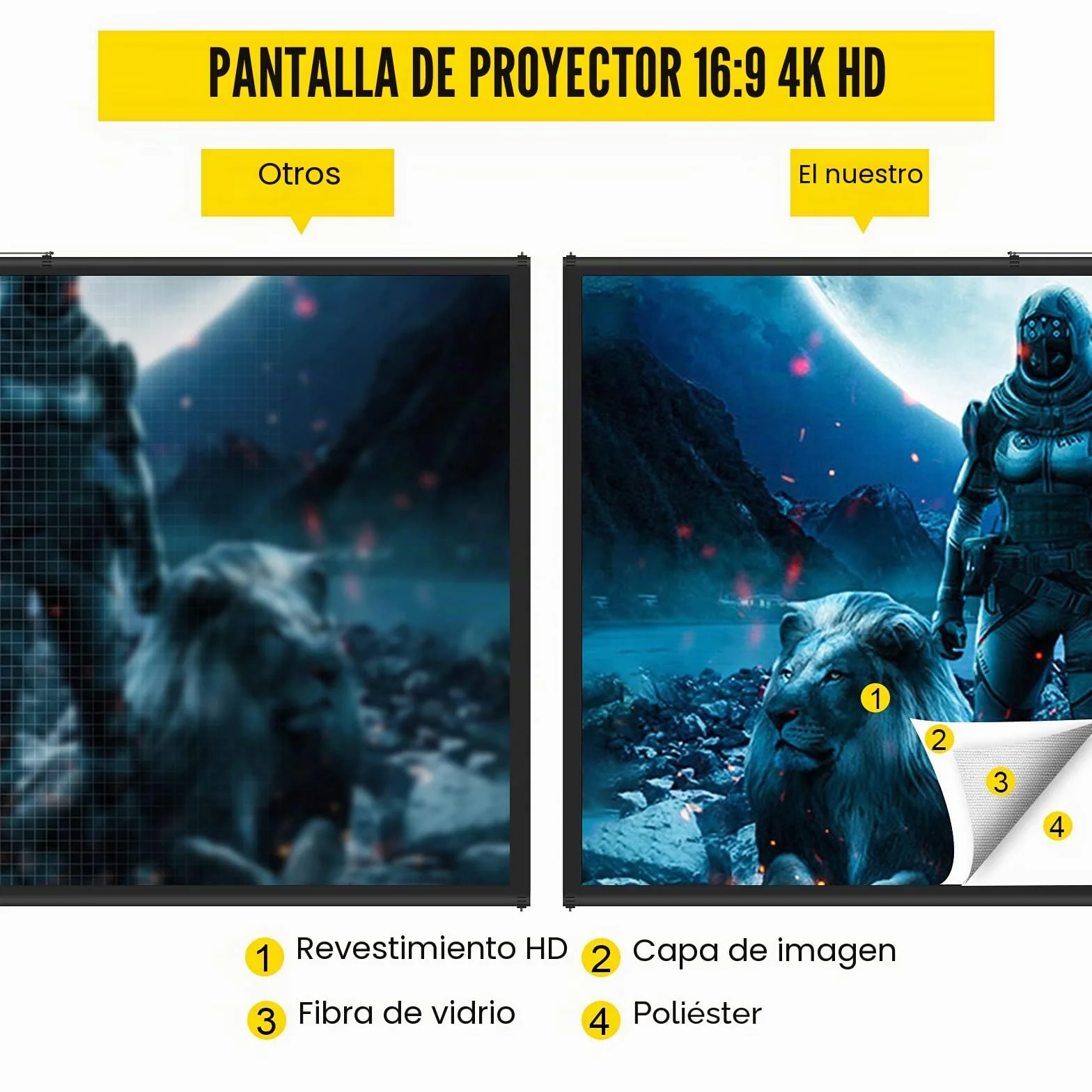 VEVOR Pantalla Proyector 100" 16:9 4K HD Trípode Ajustable 200-250 cm Portátil 227x127 cm Cine en Casa Negro