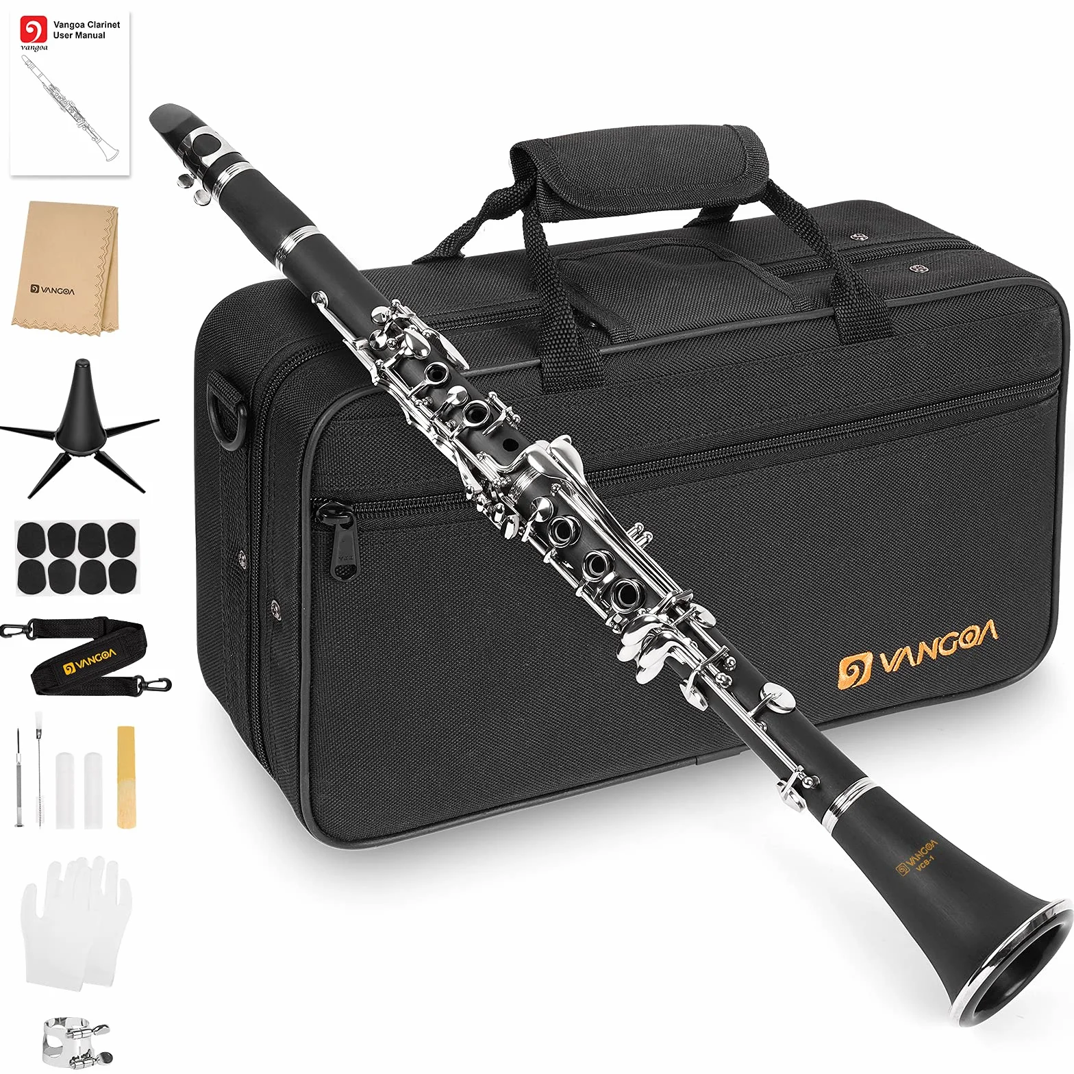 Vangoa B Flat Clarinet 17 llaves de níquel para principiantes, juego de clarinete para estudiantes con boquilla 4C, kit de limpieza, estuche rígido, soporte, 10 cañas y guantes, negro