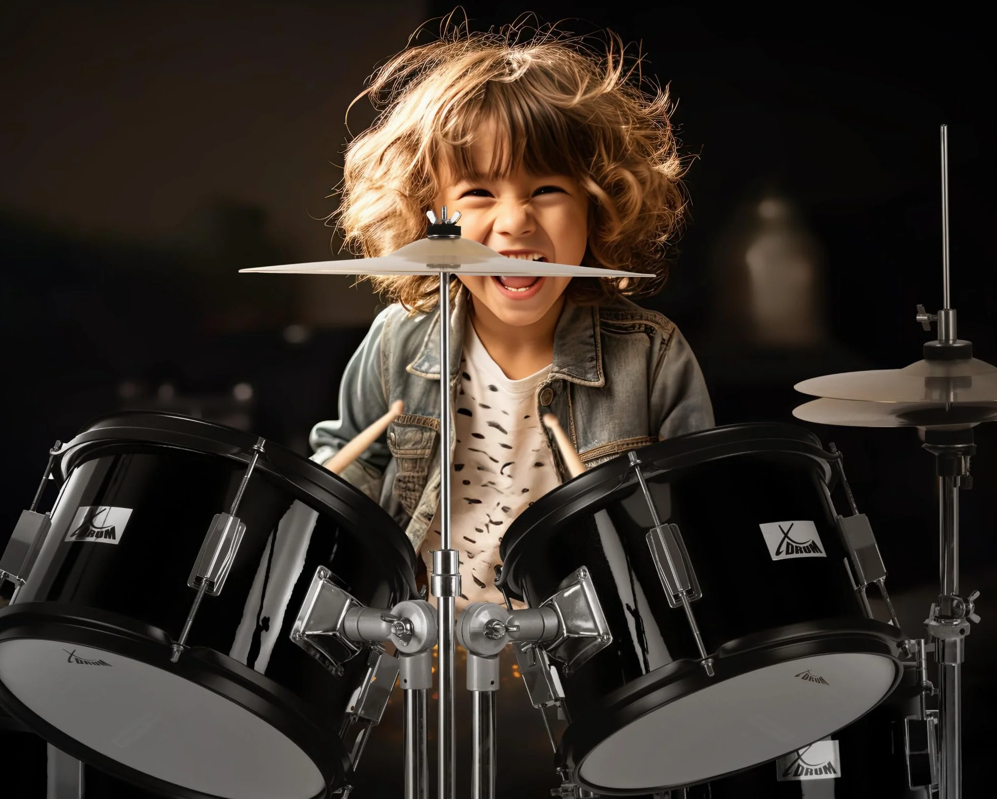 XDrum Junior Pro Batería Infantil Black - adecuada de 5 a 9 años - Set de batería con accesorios completos - incl. escuela - Negro