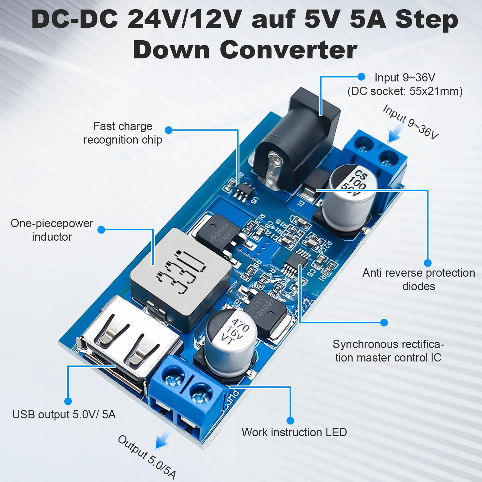 3 unidades DC-DC 24V/12V a 5V 5A Step Down Converter,Step Down Power Supply Buck Converter,Spannwandler 12v 5v,Abwärtswandlermodul mit Fast Charge Recognition Chip Kompatibel mit Arduino
