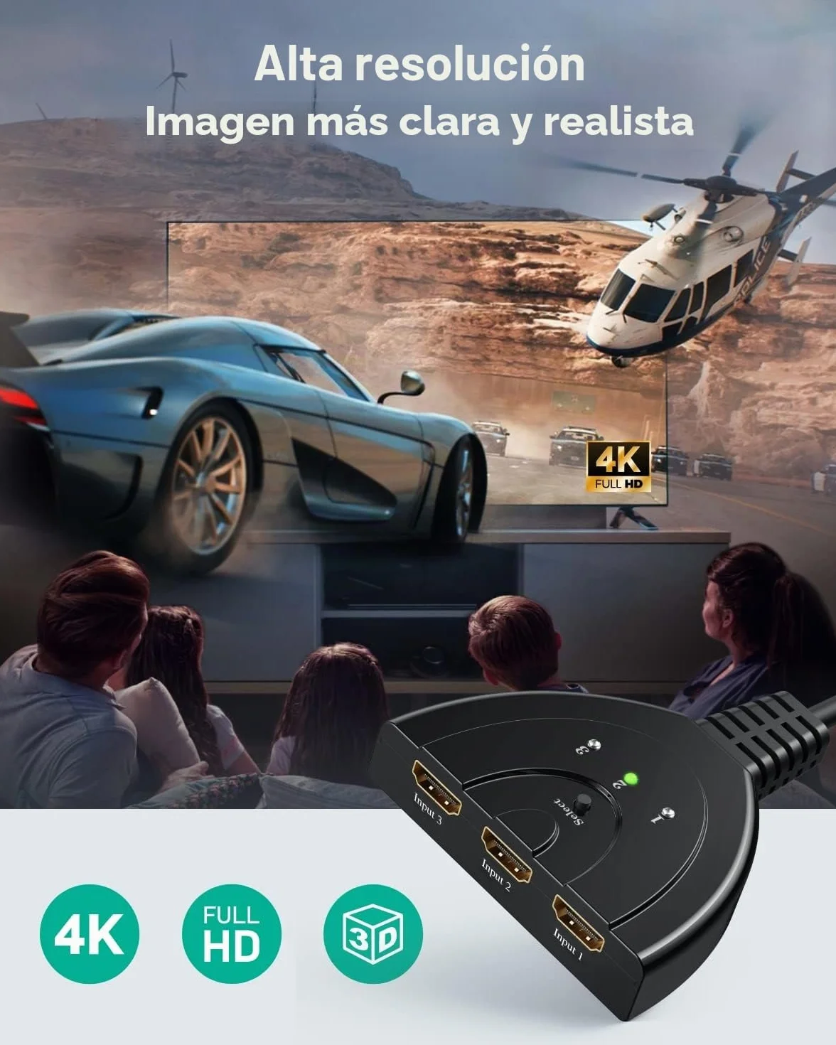 GANA HDMI Switch 3 Entradas 1 Salida Splitter Full HD 1080p 3D para HDTV