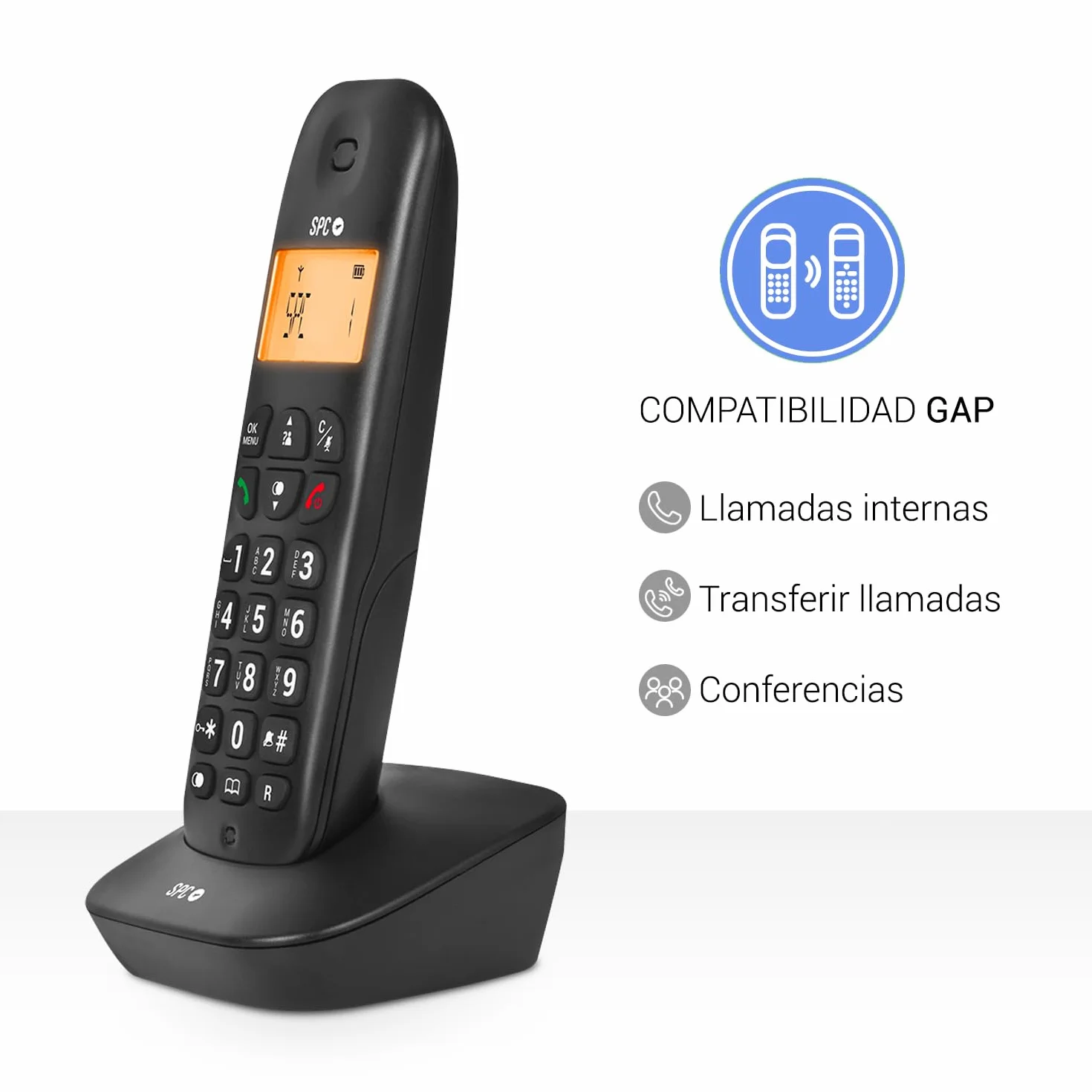 SPC Air Teléfono Fijo Inalámbrico con Pantalla Iluminada, Identificador de Llamadas, Agenda 20 Contactos, Modo Eco - Negro