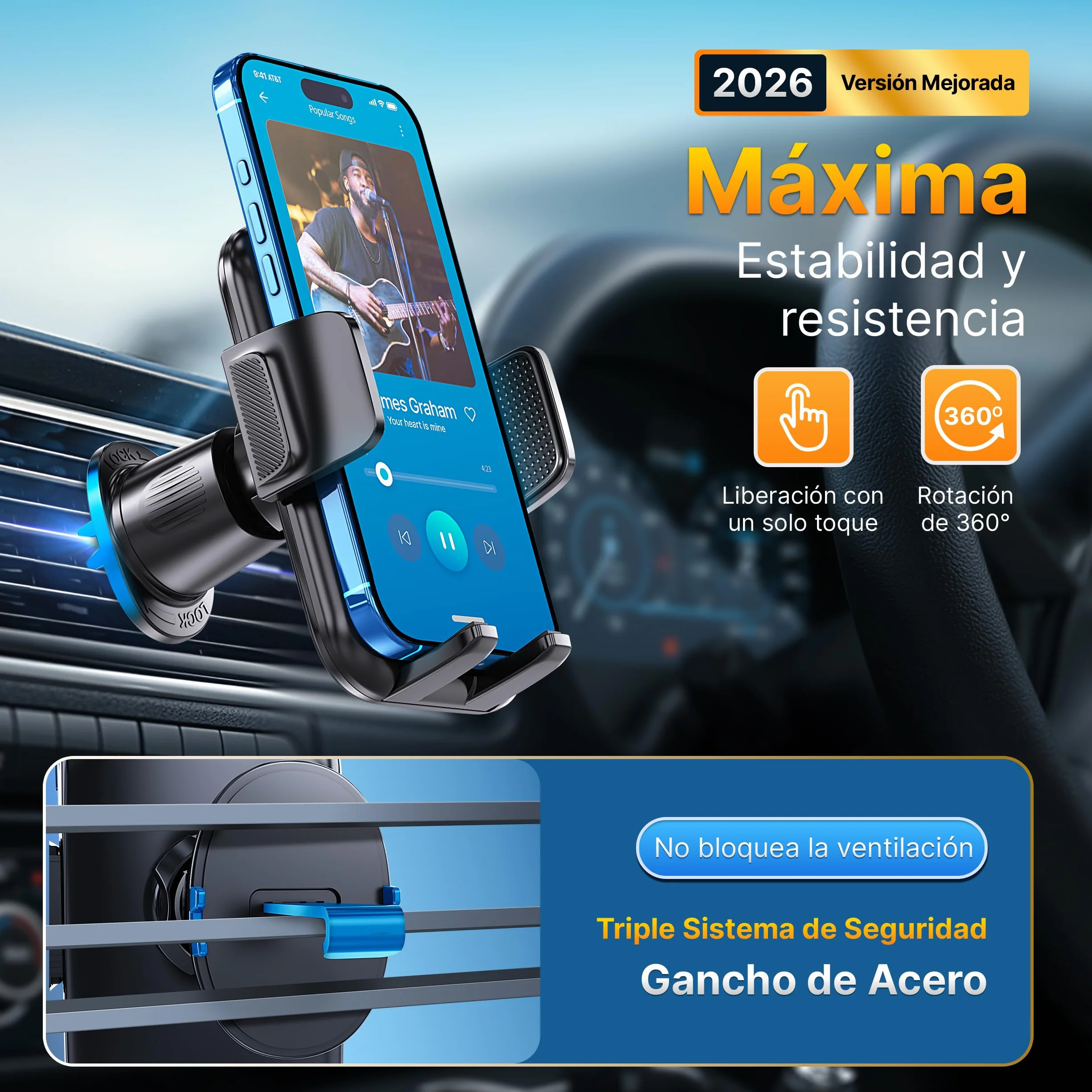 PORTENTUM Soporte movil Coche Rejilla de ventilación Triple Anclaje Rotación 360° orientable Compatible 4-7.5"