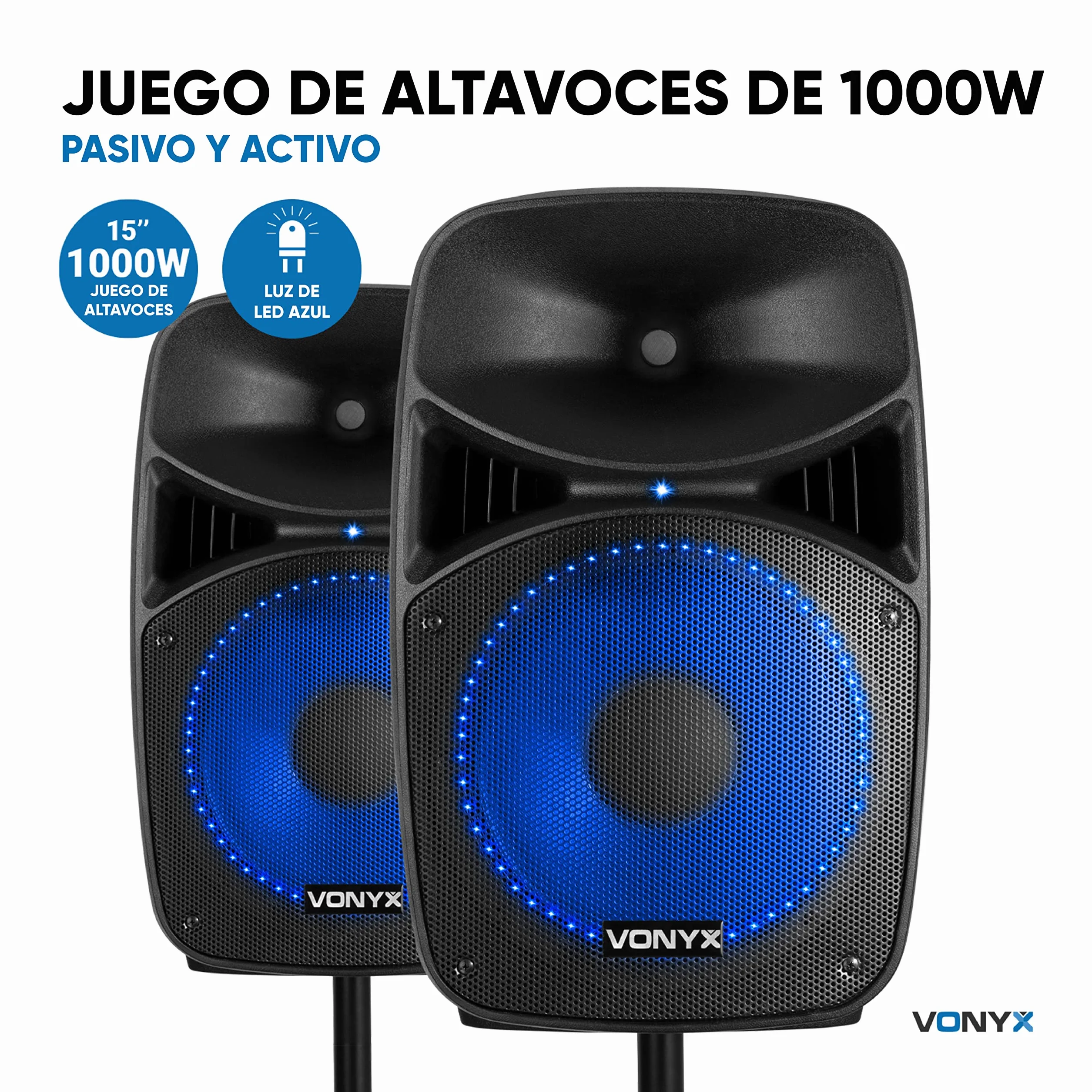Vonyx VPS152A + WM552 – Altavoz portatil bluetooth potente 1000W con 2 altavoces 15", USB, trípodes y 2 microfonos inalambricos, equipo de sonido profesional para eventos DJ y karaoke, color negro