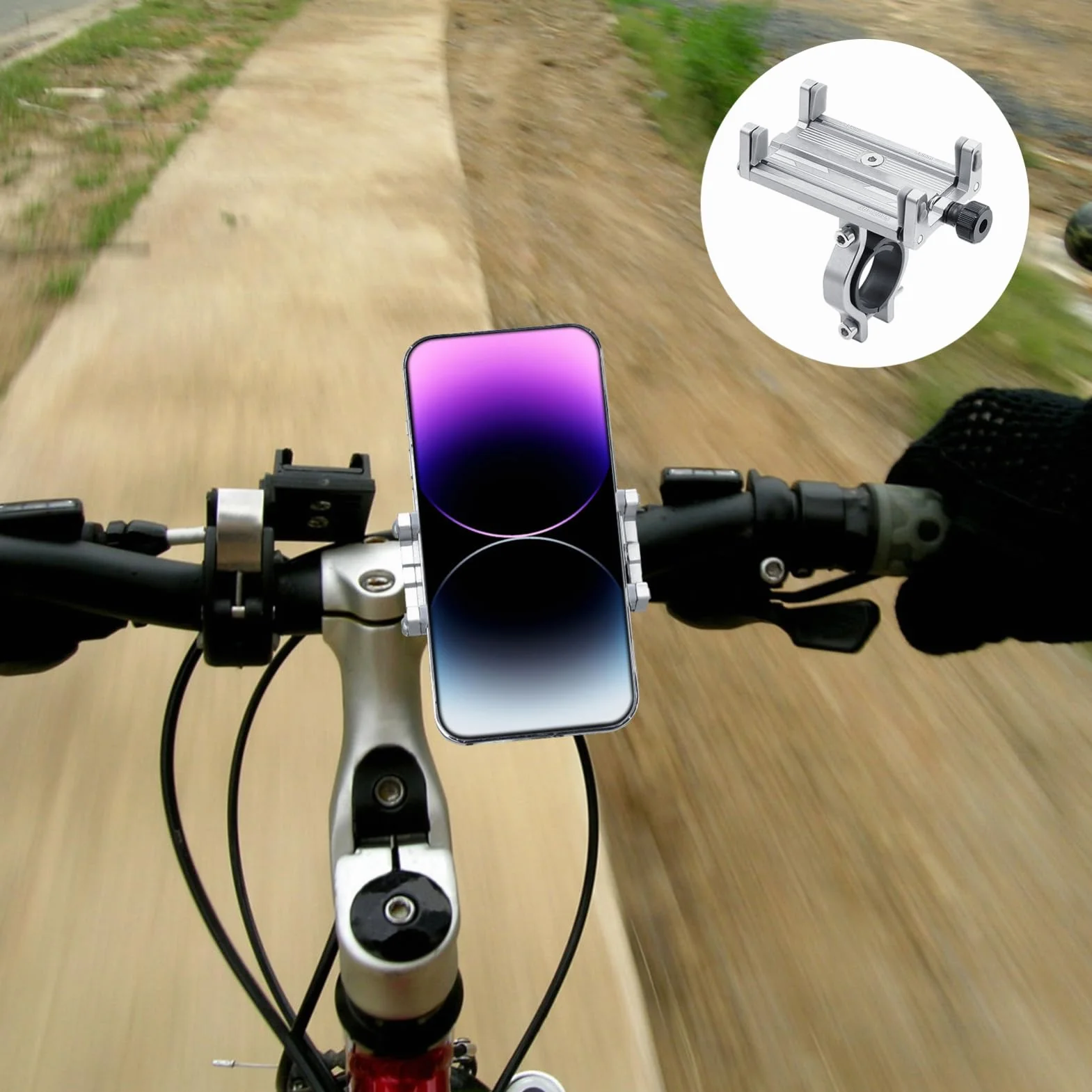 Soporte Móvil Bicicleta Aluminio, Porta Celular Manillar 360º, Pinza 4 Garras Universal para Moto Scooter, Compatible Android