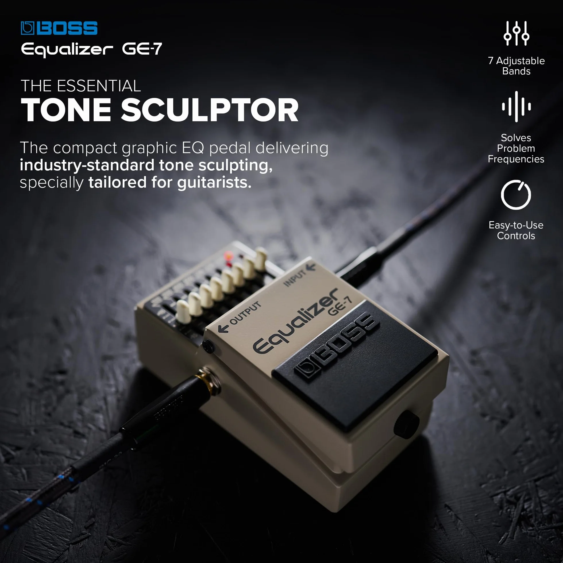 Pedal ecualizador de 7 bandas BOSS GE-7 — Pedal ecualizador compacto de 7 bandas con deslizadores de EQ ajustable