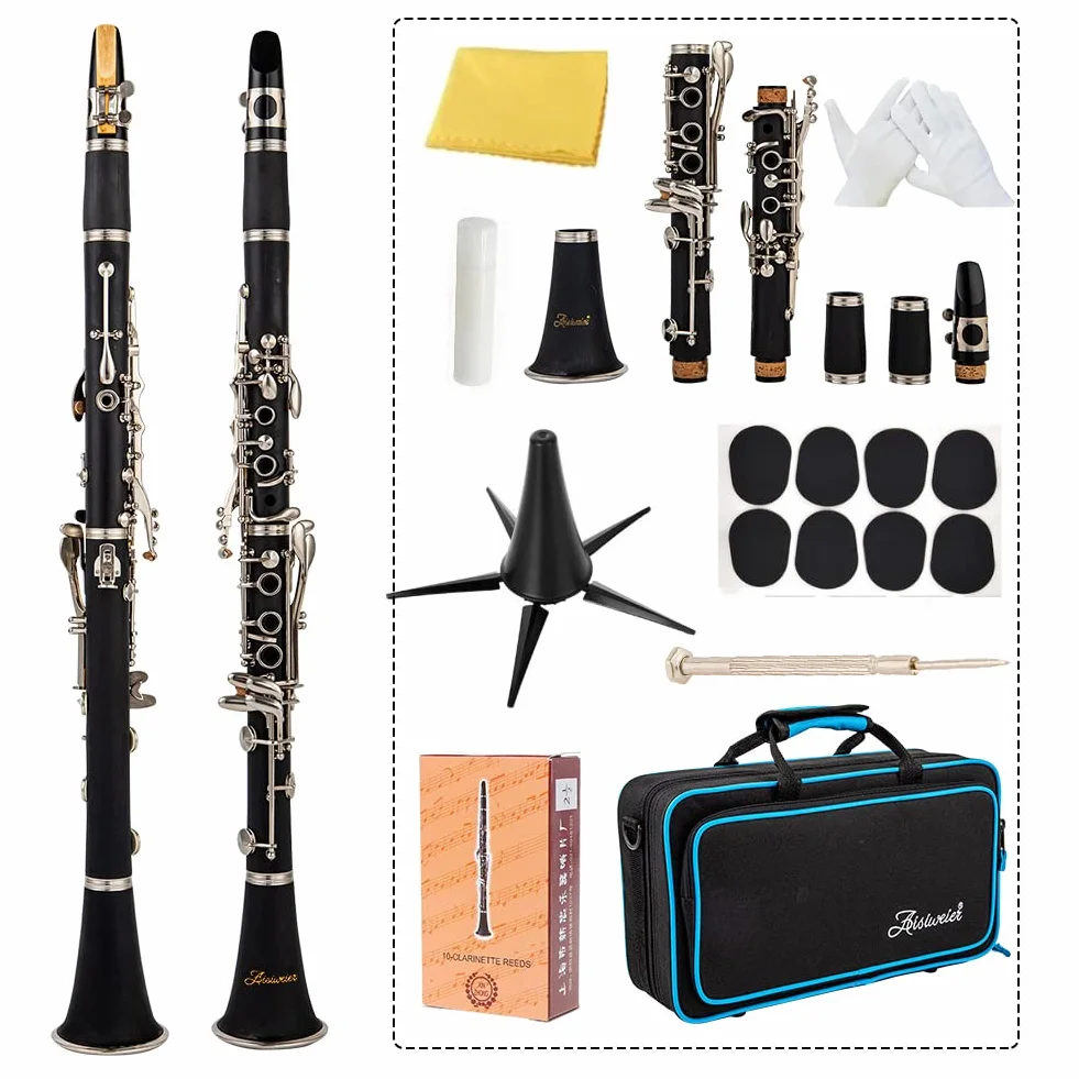 B-Flat Clarinete de ébonita negra para estudiantes principiantes, con llaves niqueladas, cinturón, grasa para articulaciones, guantes blancos, paño de pulido suave, cojín de 8 boquillas,