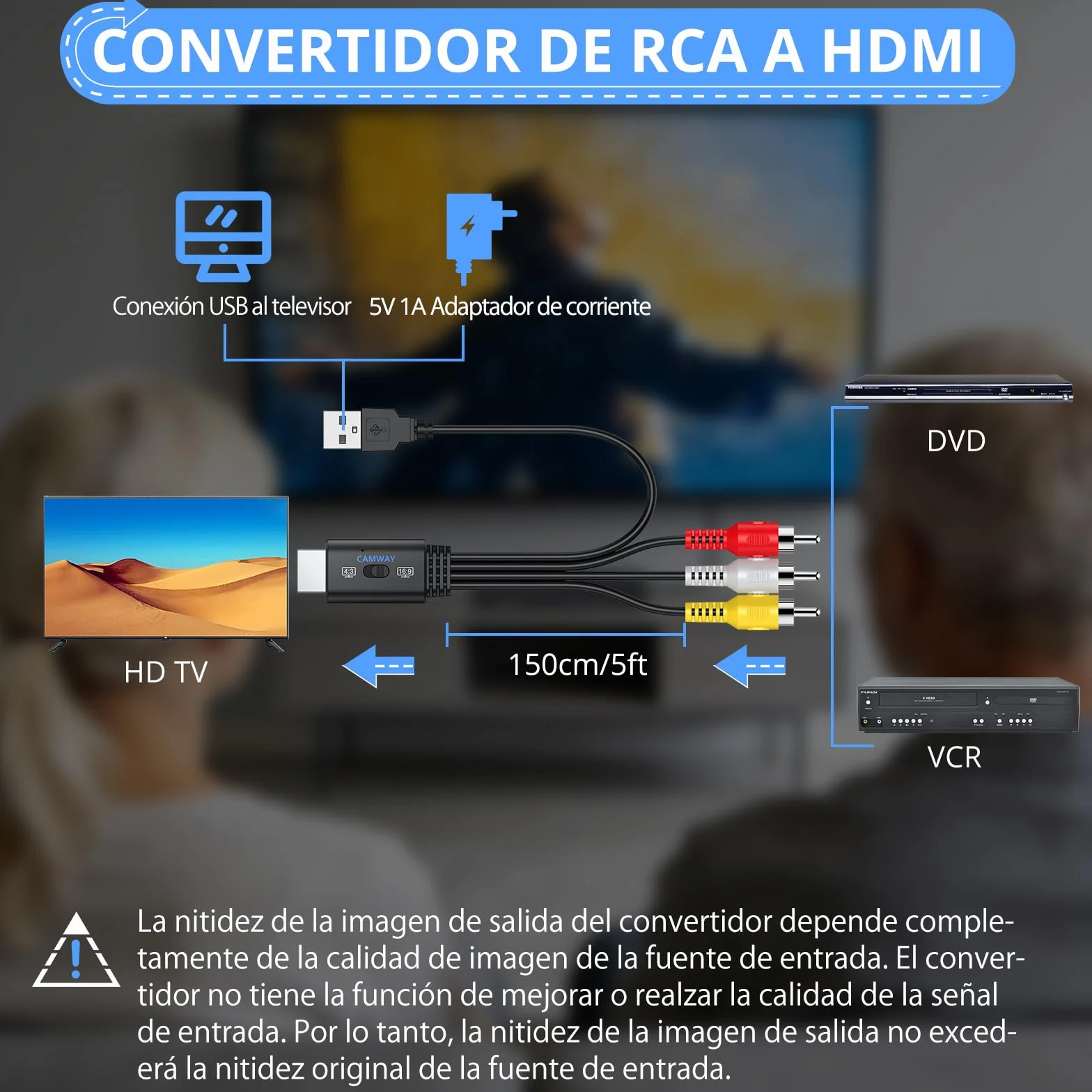CAMWAY Adaptador RCA a HDMI con Switch 16:9/4:3, 1080P Convertidor AV a HDMI CVBS Compuesto con 150CM Cable RCA Macho Integrado, Diseño de Cable Todo en Uno, Compatible con PAL NTSC para DVD VCR VHS