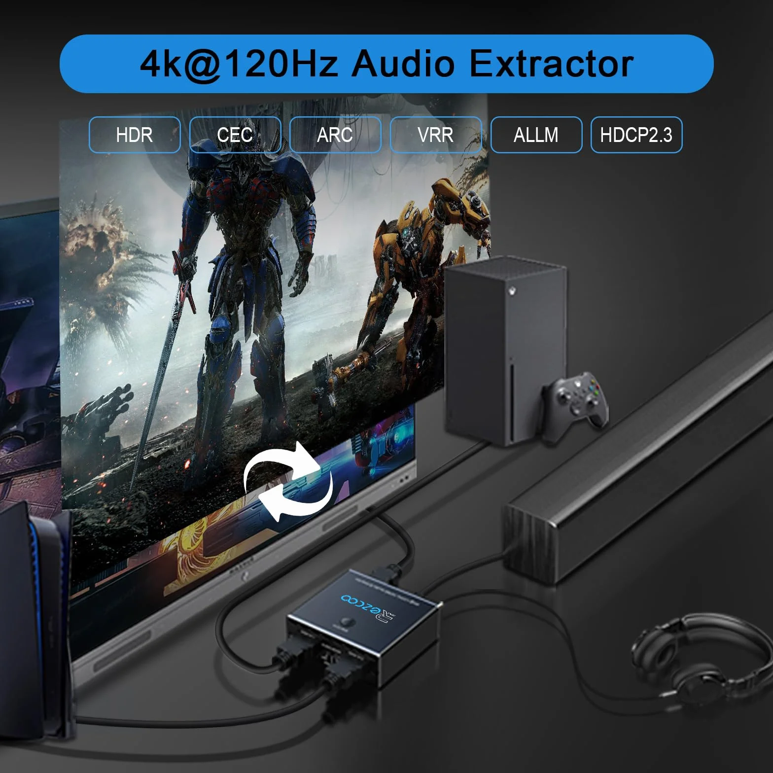 Extractor de audio HDMI 2.1 4K 120Hz VRR ALLM, conmutador ARC 2 entradas 1 salida, convertidor HDMI a SPDIF óptico 7.1/5.1CH
