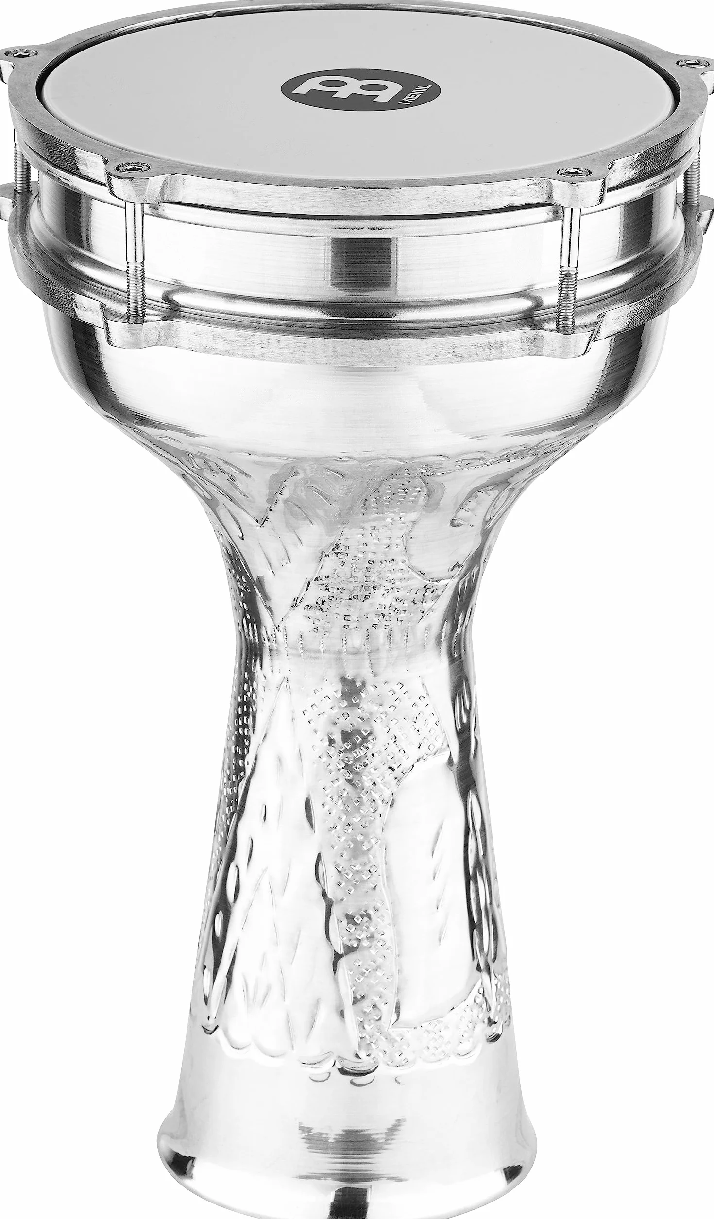 Meinl Percussion HE-114 - Darbuka (aluminio, piel sintética, decorado a mano, 20,32 cm), color plateado