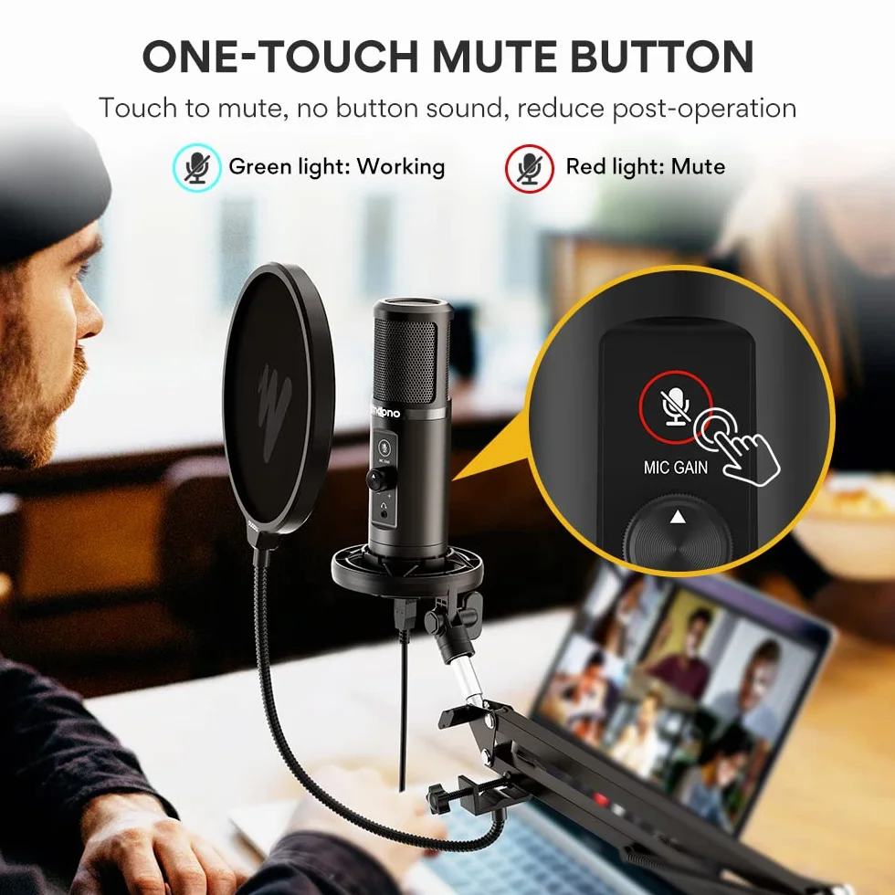 MAONO Micrófono USB para PC, Micrófono Condensador Profesional con Silencio, Ganancia de Mic, Monitoreo de Latencia Cero, Kit Brazo para Streaming, Podcast,Gaming, Grabación, Twitch, Youtube, PM422