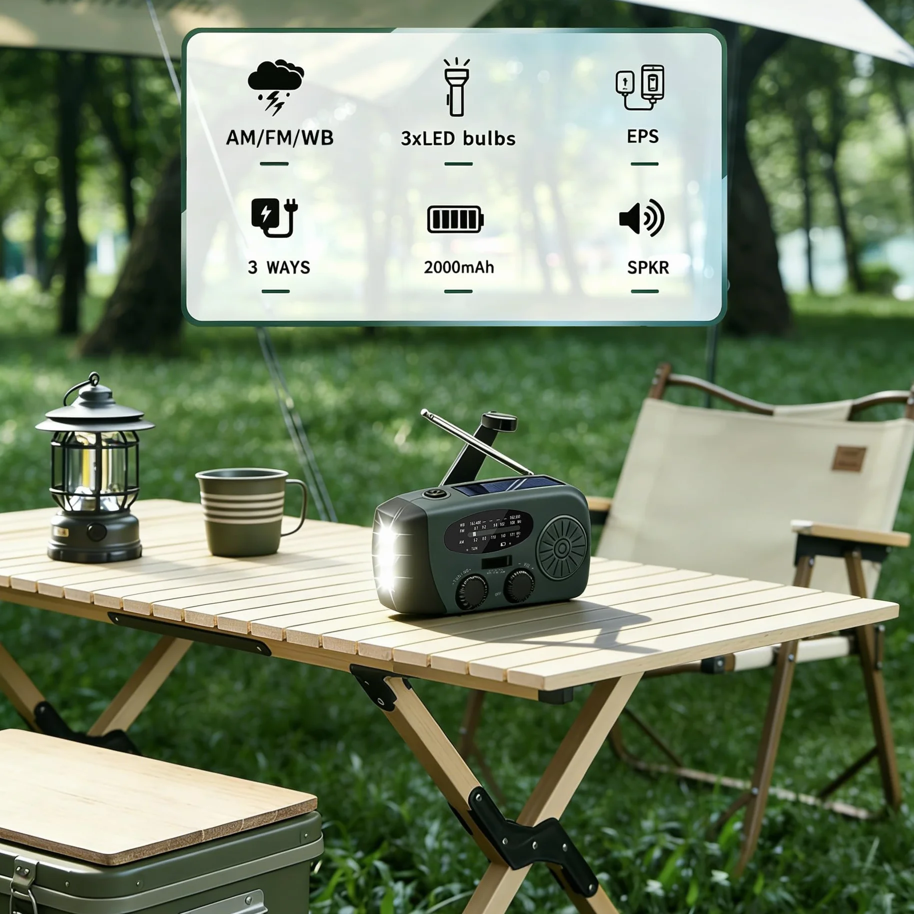 Radio Solar de Emergencia con Manivela Portátil, FM/AM 2000mAh 3 Modos de Luz LED Linterna, Carga Solar USB-C y Manivela, Resistente al Agua Ideal para Camping Viajes Supervivencia y Cortes de Energía