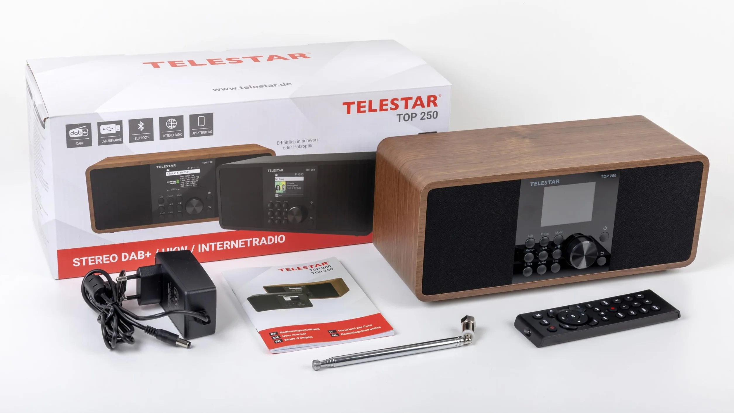 TELESTAR Top 250 – Dab+/Radio por Internet (estéreo, 2 × 10 W, Bluetooth Audio-Streaming & función de envío, grabación USB, Sistema de Emergencia, Control por App) – Madera