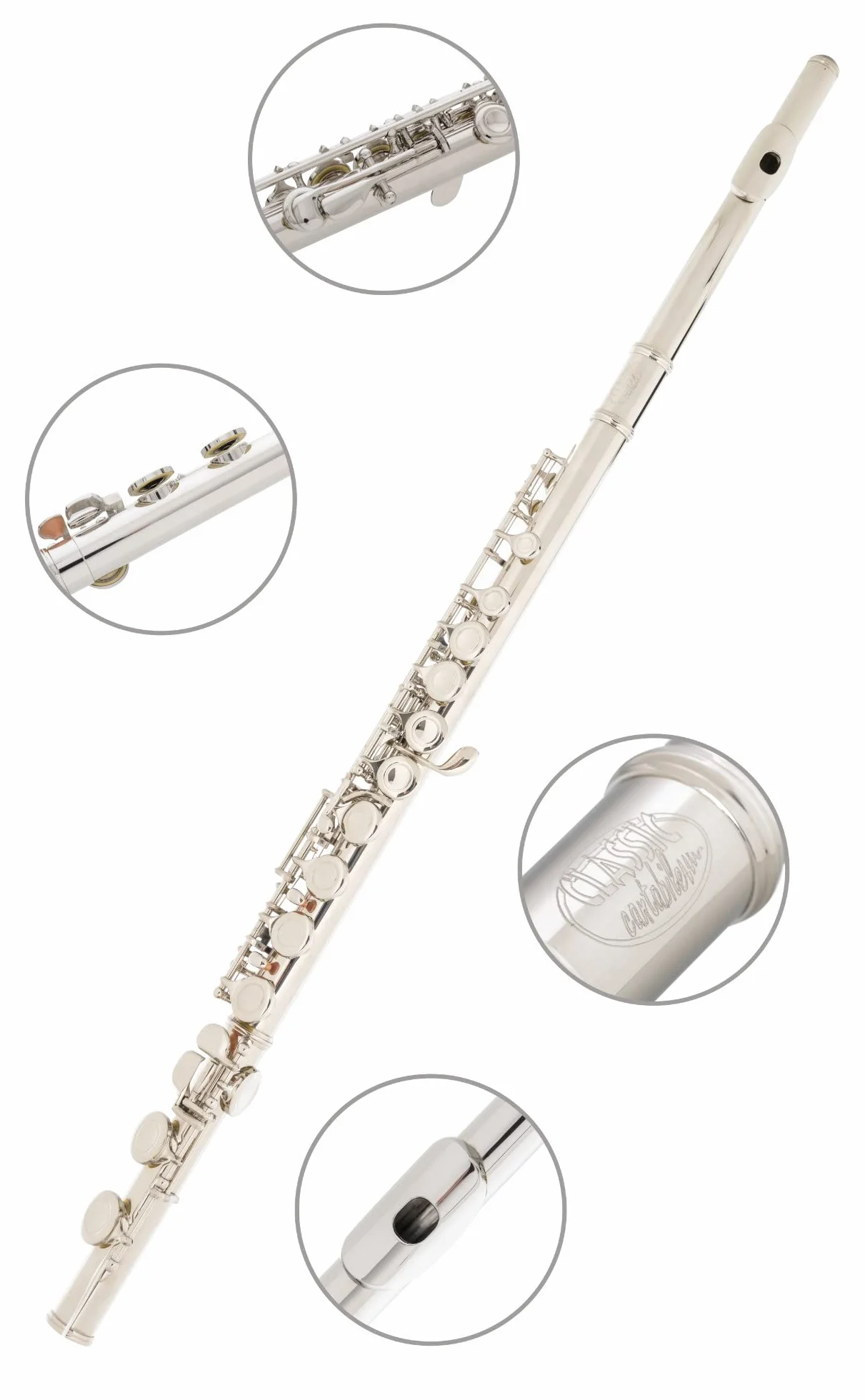 Flauta Traversa Classic Cantabile FL-100, ideal para principiantes, alpaca niquelada, llaves cerradas, mecanismo en E, sol adelantado, afinación en C, incluye estuche y accesorios, color plateado.