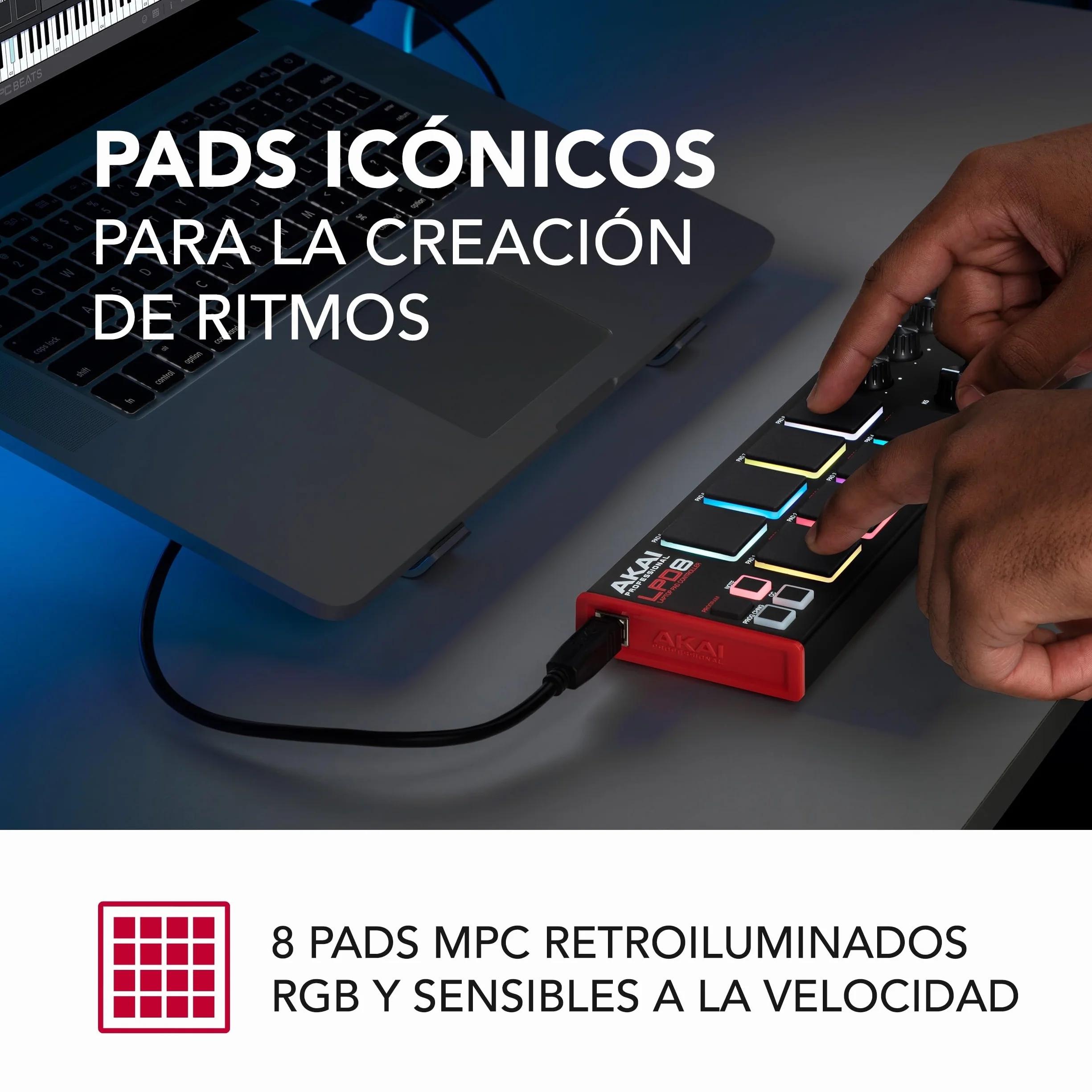 Akai Professional LPD8 - Controlador MIDI USB con 8 Drum Pads MPC Sensibles para Mac y PC, 8 Perillas Asignables y Software de Producción Musical