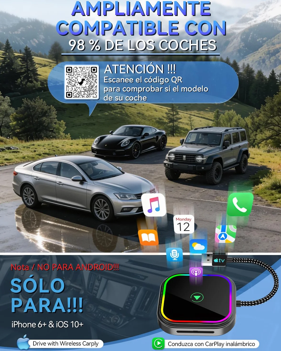 Unico Adaptador CarPlay Inalámbrico Convierte tu conexión por Cable en inalámbrica, diseño RGB 2026 para vehículos con Sistema Original, conexión rápida y Estable, Compatible con iPhone iOS 10+