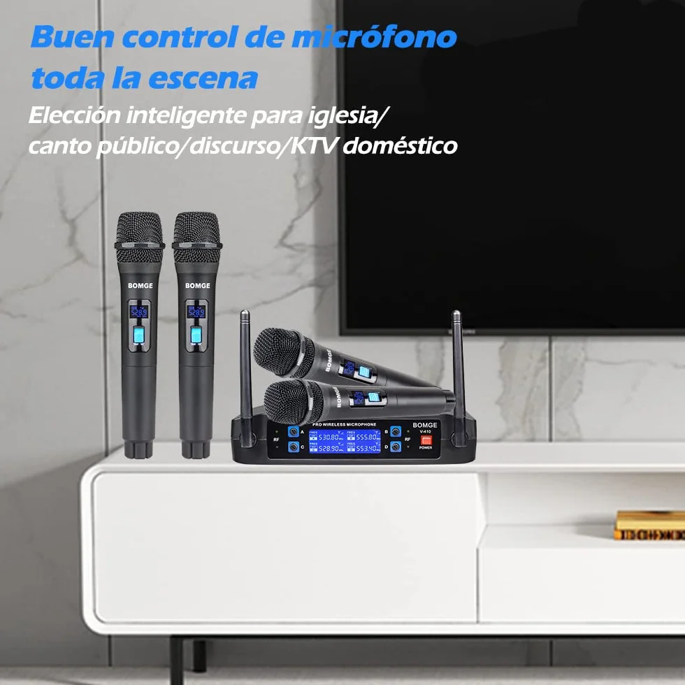 BOMGE Sistema de micrófono inalámbrico, Juego de micrófono inalámbrico Pro de 4 Canales con Cuatro micrófonos de Mano, frecuencia Fija, Largo Alcance de 200 pies, Ideal para Iglesia, Karaoke, Eventos