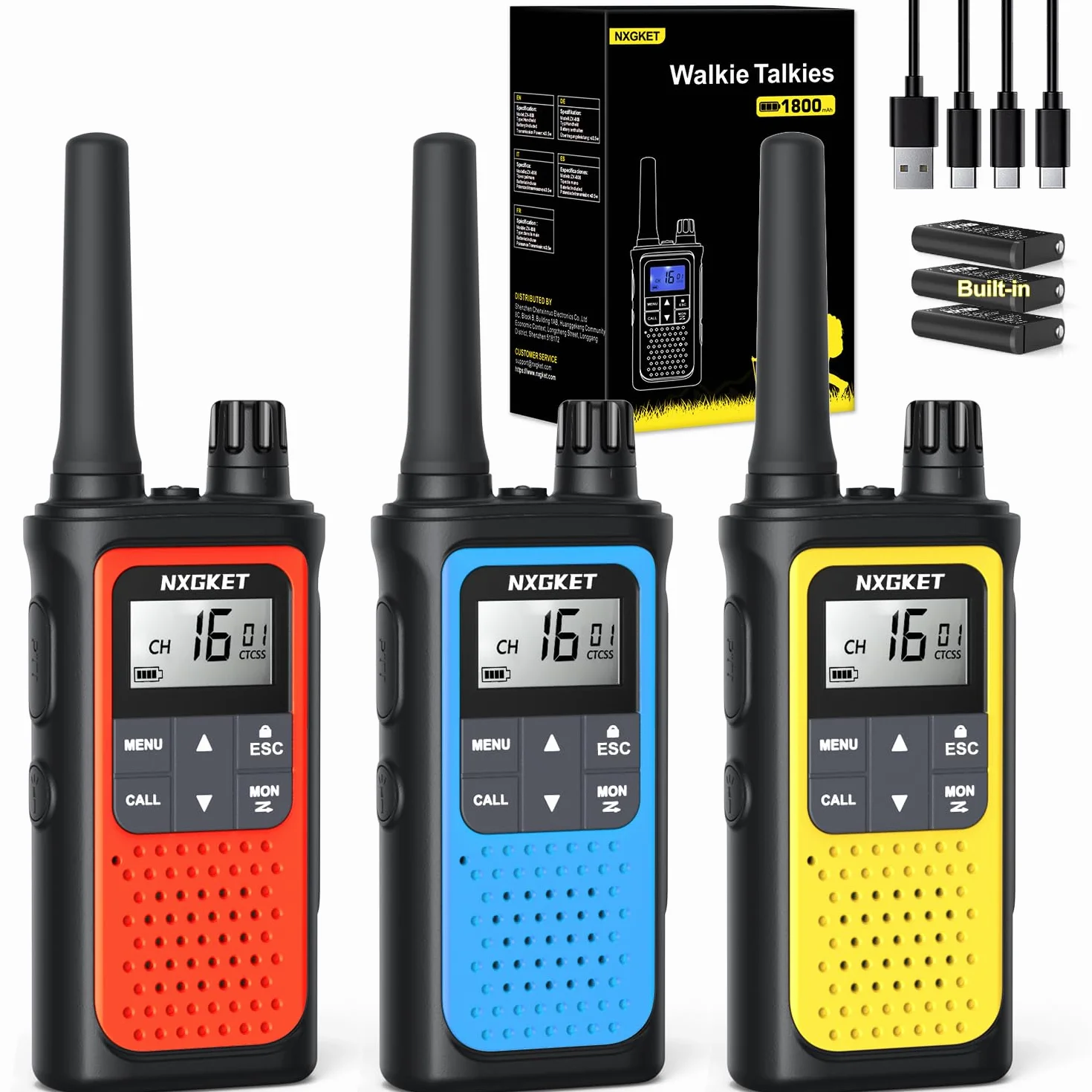 Walkie Talkie Profesional Recargable, NXGKET 3pcs PMR 446 Sin Licencia Radiocomunicación Largo Alcance con Batería Incorporada,16 Canales Radio LCD Pantalla y Luz LED para Camping